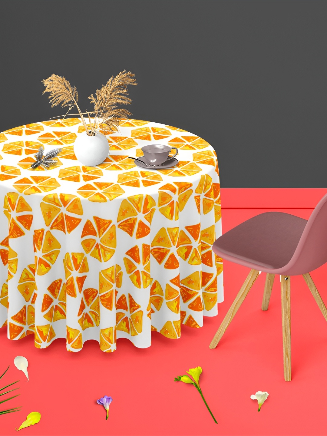 

ArtzFolio Orange & White Printed Anti-Slip Velvet Round 4-Seater Table Cover