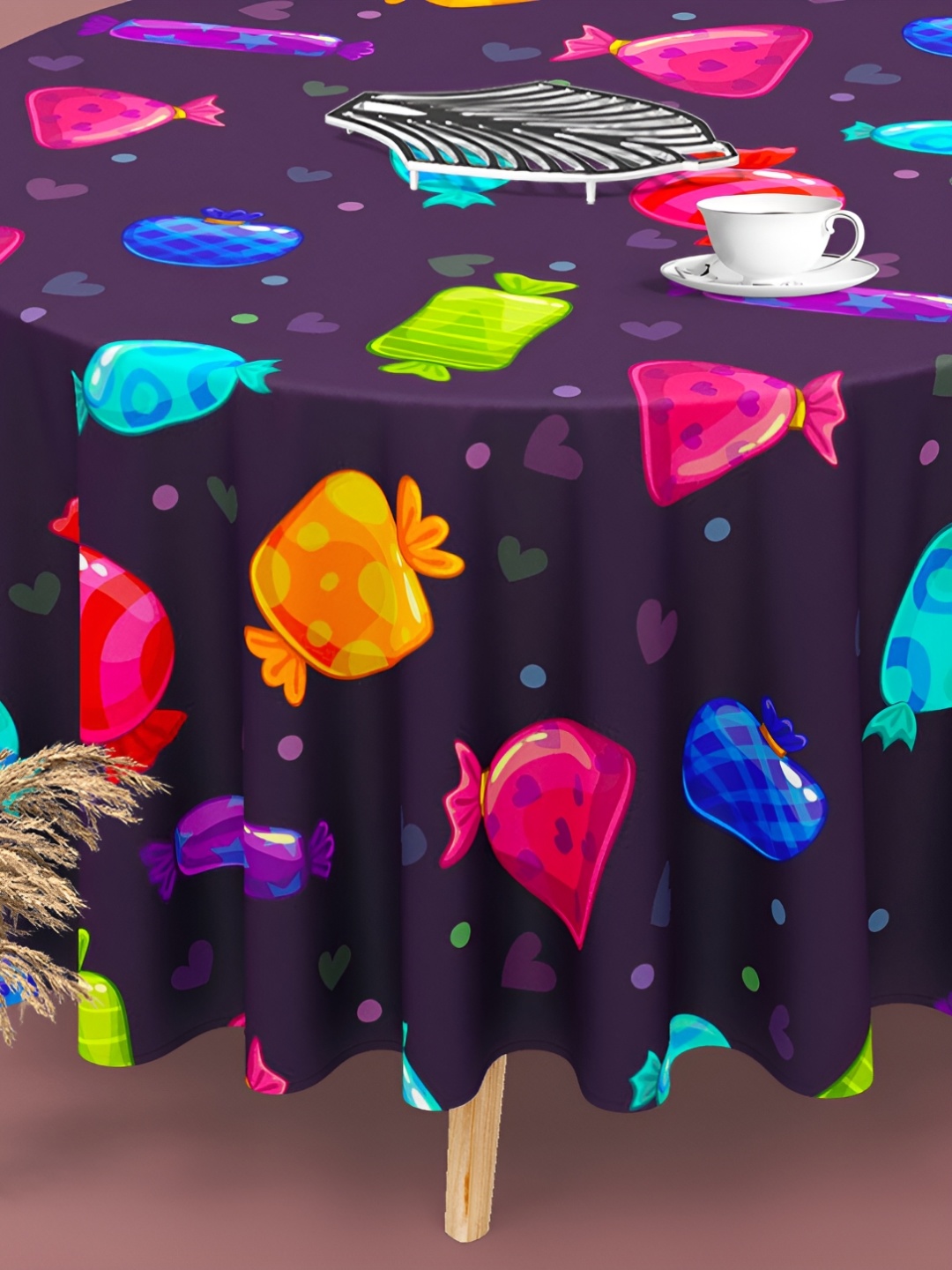 

ArtzFolio Purple & Orange Anti-Slip Round 6-Seater Table Cover