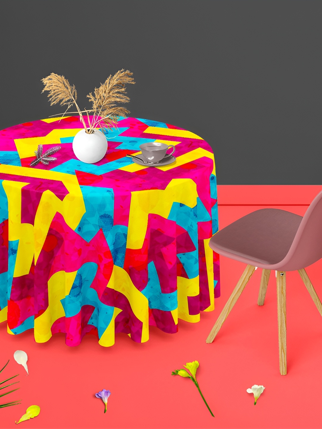 

ArtzFolio Pink & Blue Geometric Printed Anti-Slip Round 6-Seater Table Cover