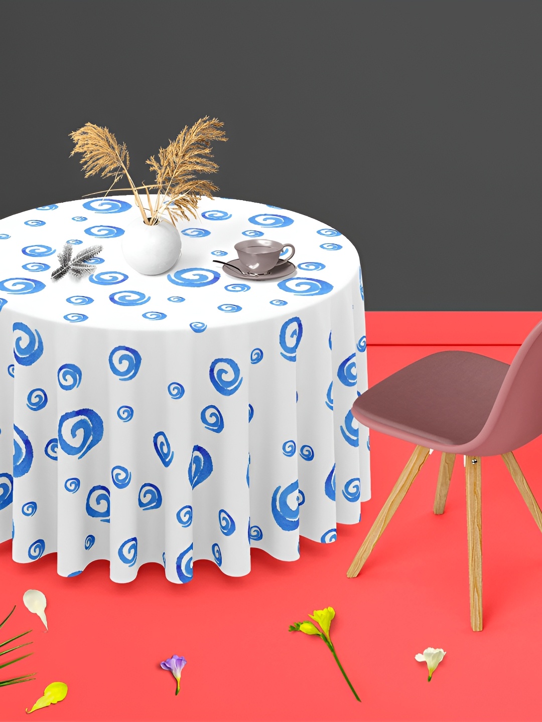 

ArtzFolio White & Blue Anti-Slip Round 8-Seater Table Cover