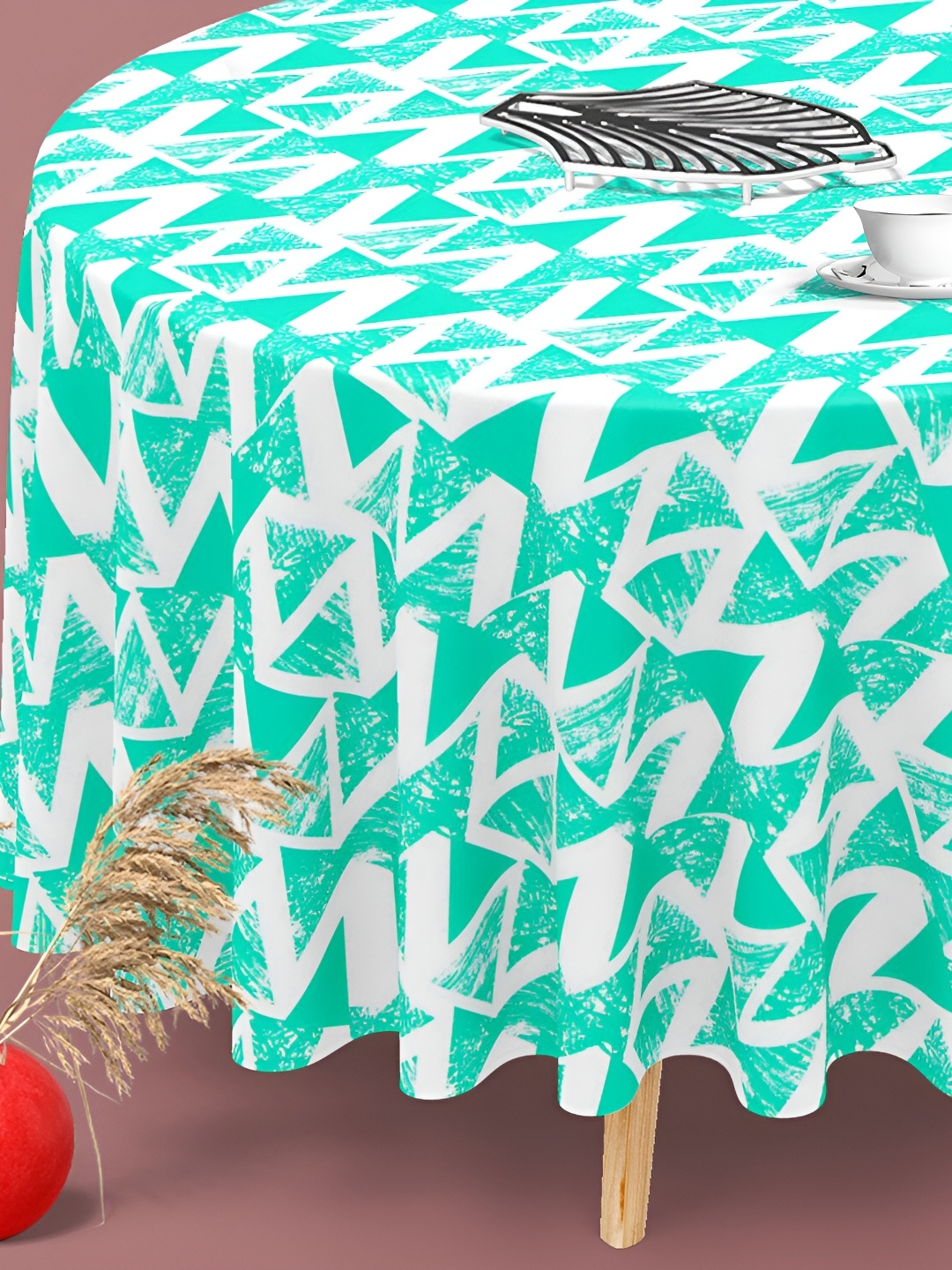 

ArtzFolio Teal-Blue & White Anti-Slip Round 8-Seater Table Cover