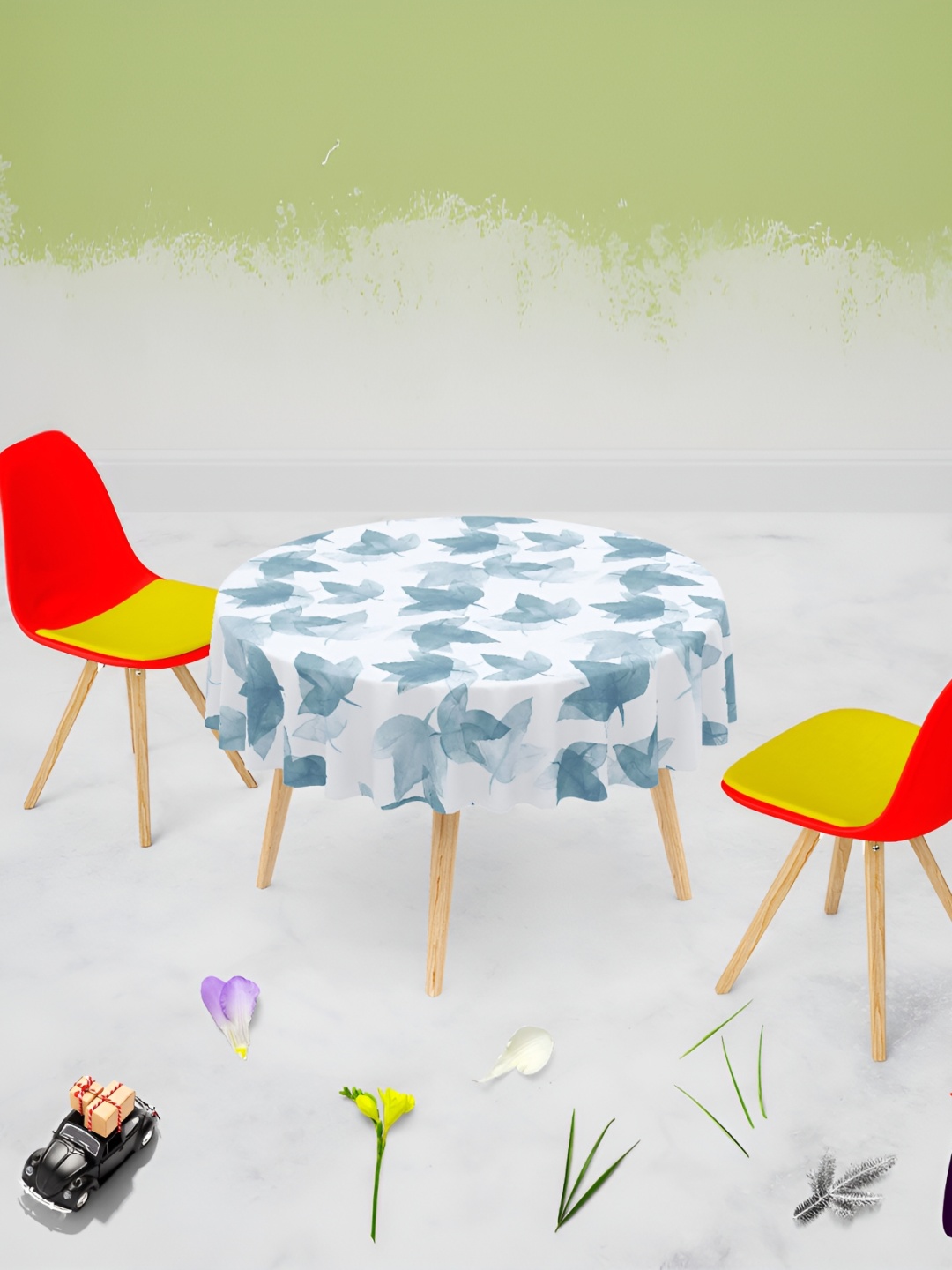 

ArtzFolio White & Blue Anti-Slip Round 6-Seater Table Cover