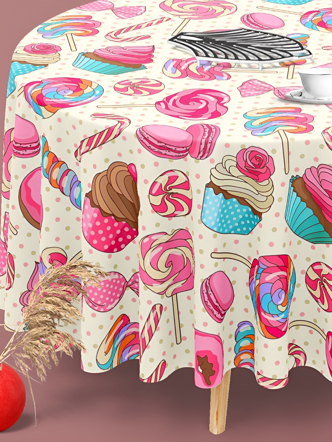 

ArtzFolio White & Pink Anti-Slip Round 4-Seater Table Cover