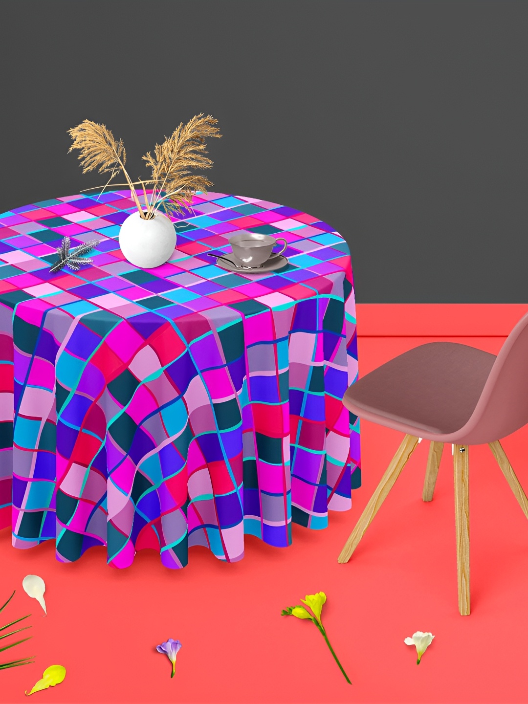 

ArtzFolio Pink & Blue Printed Anti-Slip Round 6 Seater Table Cover