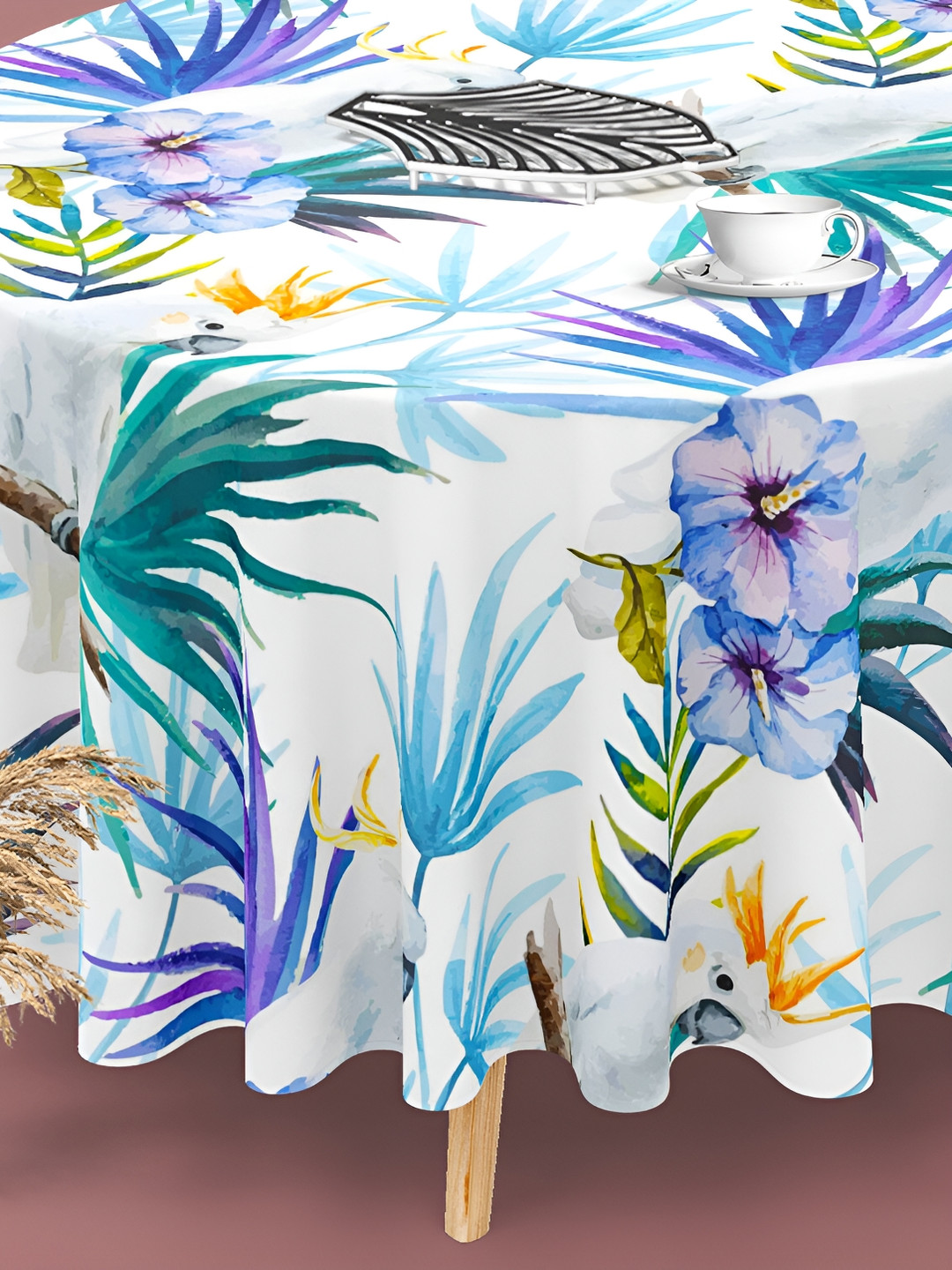 

ArtzFolio White & Blue Pink Anti-Slip Round 8 Seater Table Cover