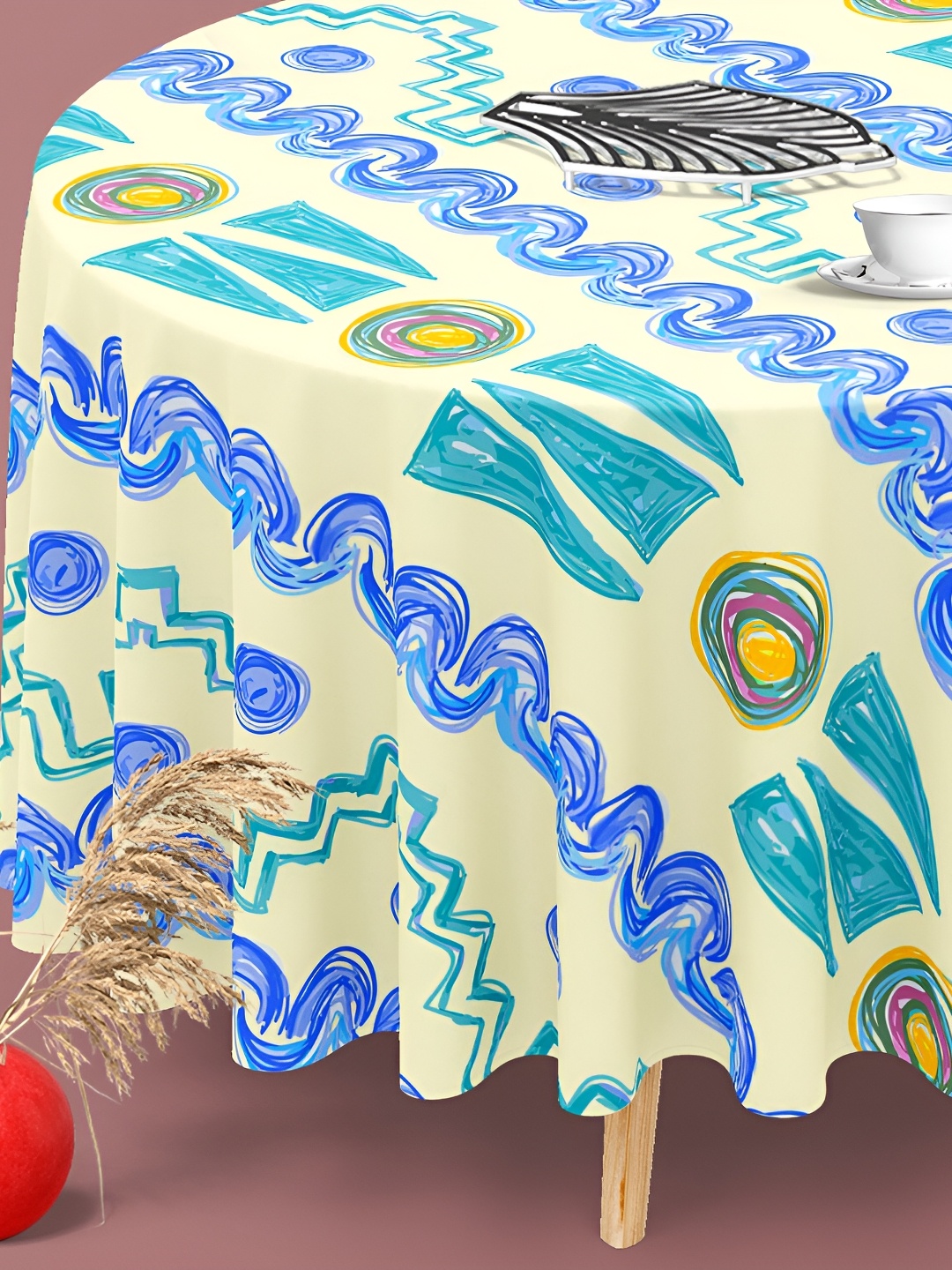 

ArtzFolio Beige & Blue Geometric Printed Anti-Slip Round 6-Seater Table Cover