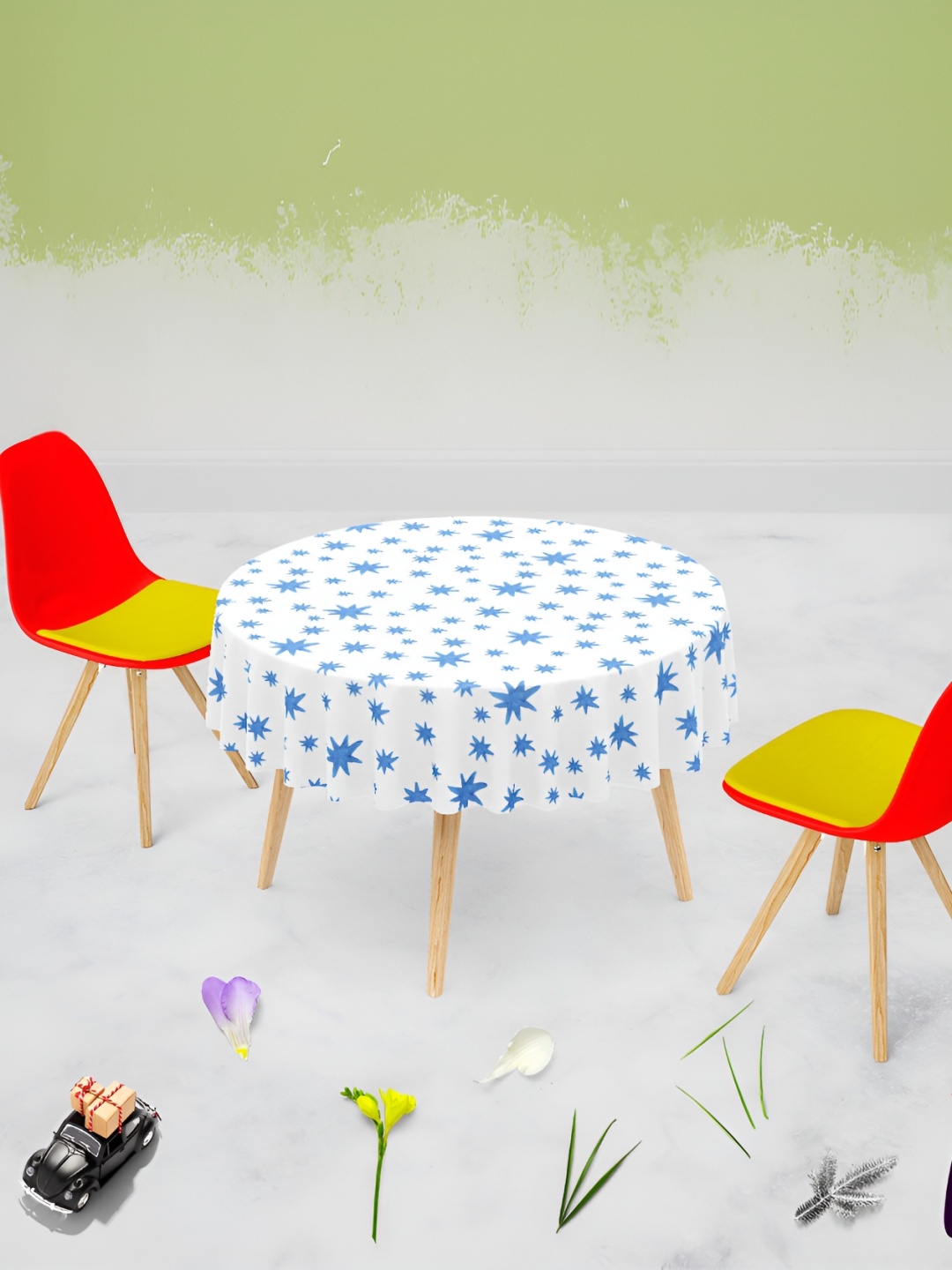 

ArtzFolio White & Blue Anti-Slip Round 8-Seater Table Cover