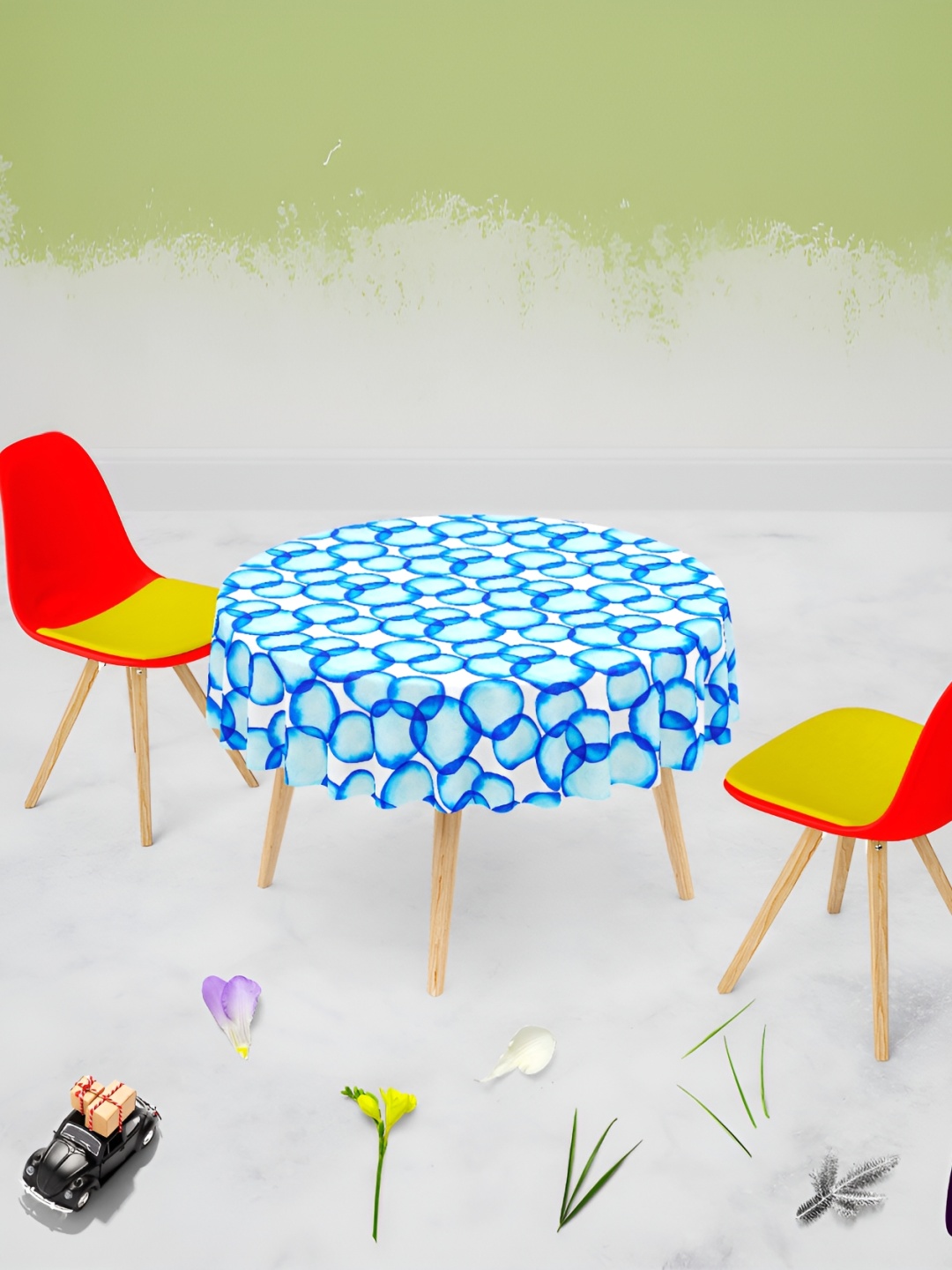 

ArtzFolio White & Blue Printed Velvet Anti-Slip Round Table Cover