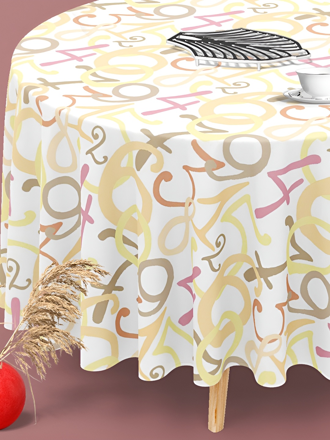 

ArtzFolio White & Beige Numeric Printed Anti-Slip Round 8-Seater Table Cover
