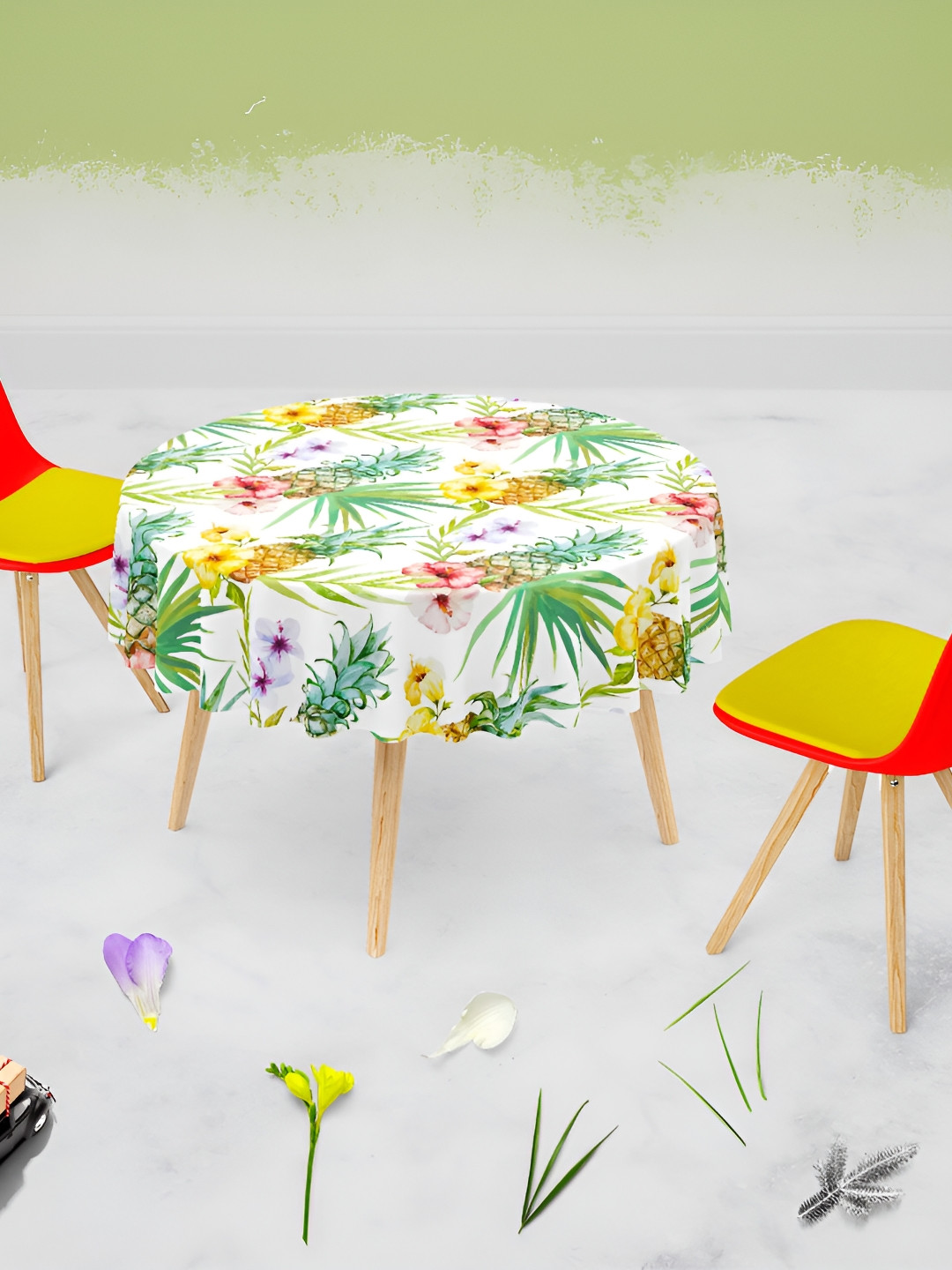 

ArtzFolio White & Green Floral Printed Anti-Slip Round 4 Seater Velvet Table Cover