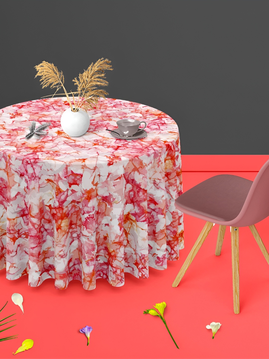 

ArtzFolio Red & White Abstract Printed Anti-Slip Round 6-Seater Velvet Table Cover