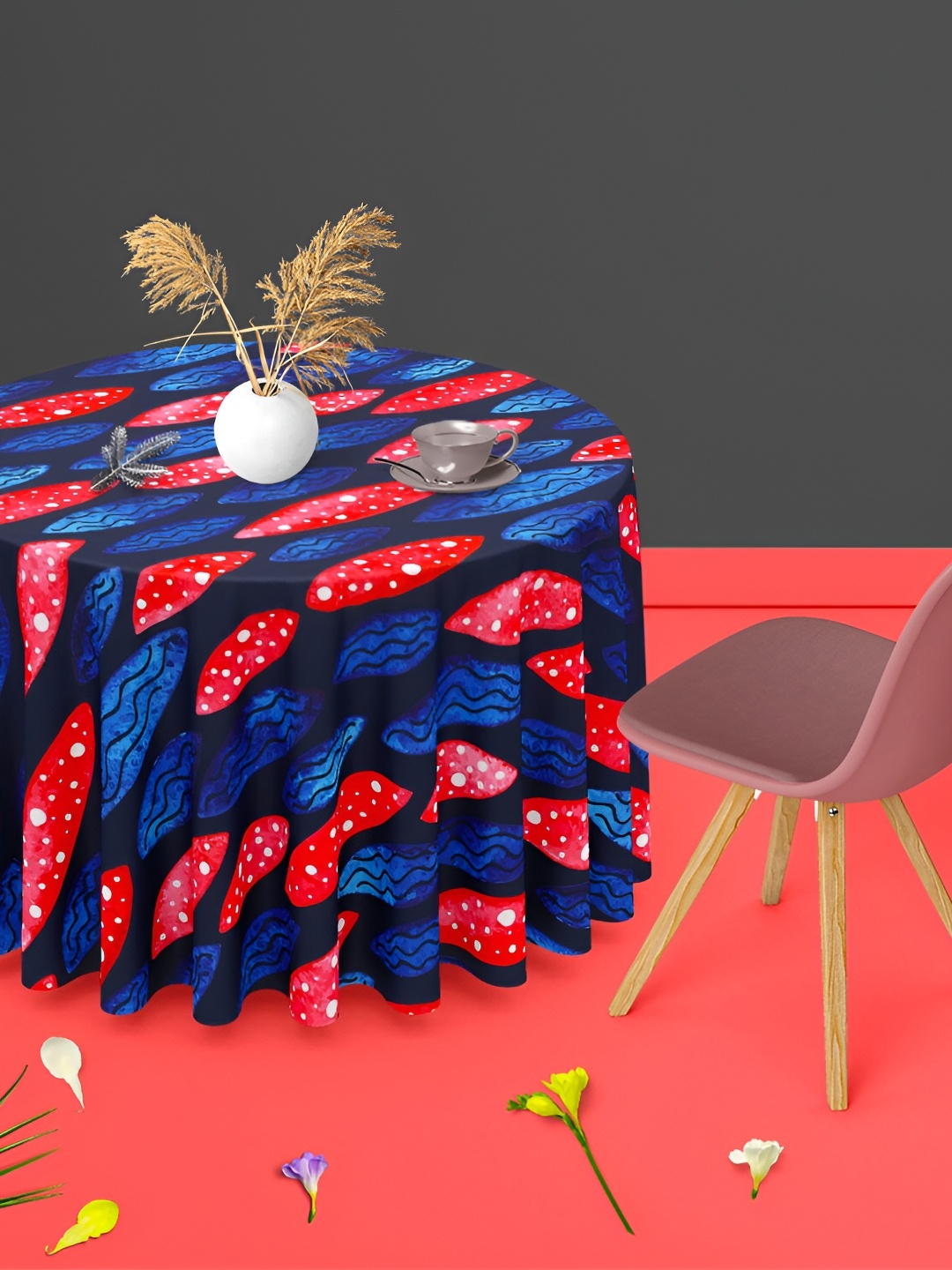 

ArtzFolio Navy Blue & Red Printed Velvet Anti-Slip Round Table Cover