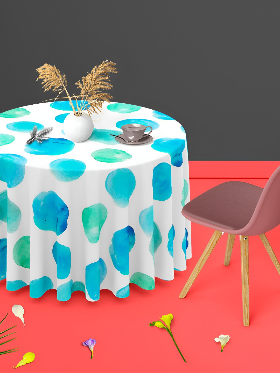 

ArtzFolio White and Blue Anti-Slip Round 6-Seater Table Cover