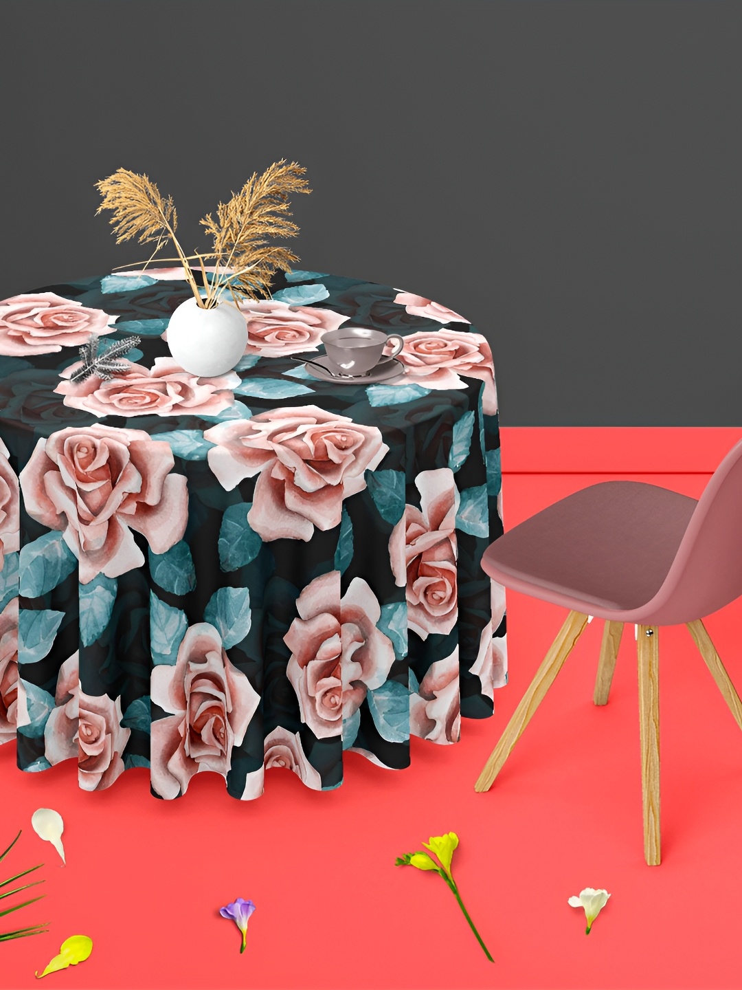 

ArtzFolio Black & Pink Floral Print Anti-Slip Round 8 Seater Table Cover