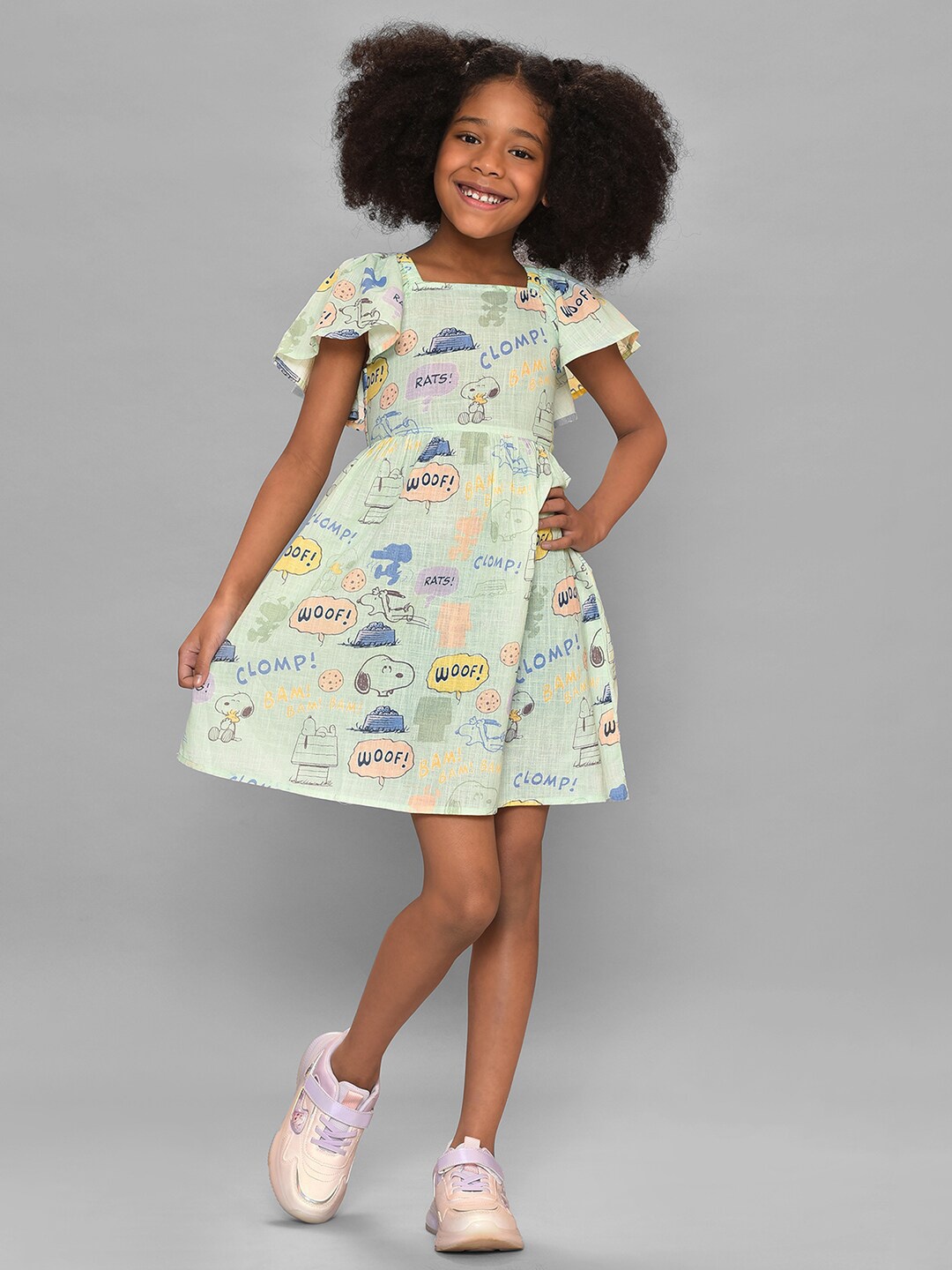 

MiArcus Girls Peanuts Snoopy Printed Flutter Sleeves A-Line Dress, Green