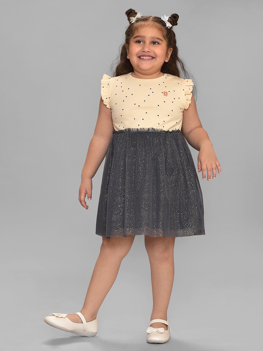 

MiArcus Girls Polka Dot Colourblocked Embellished Fit & Flare Dress, Cream