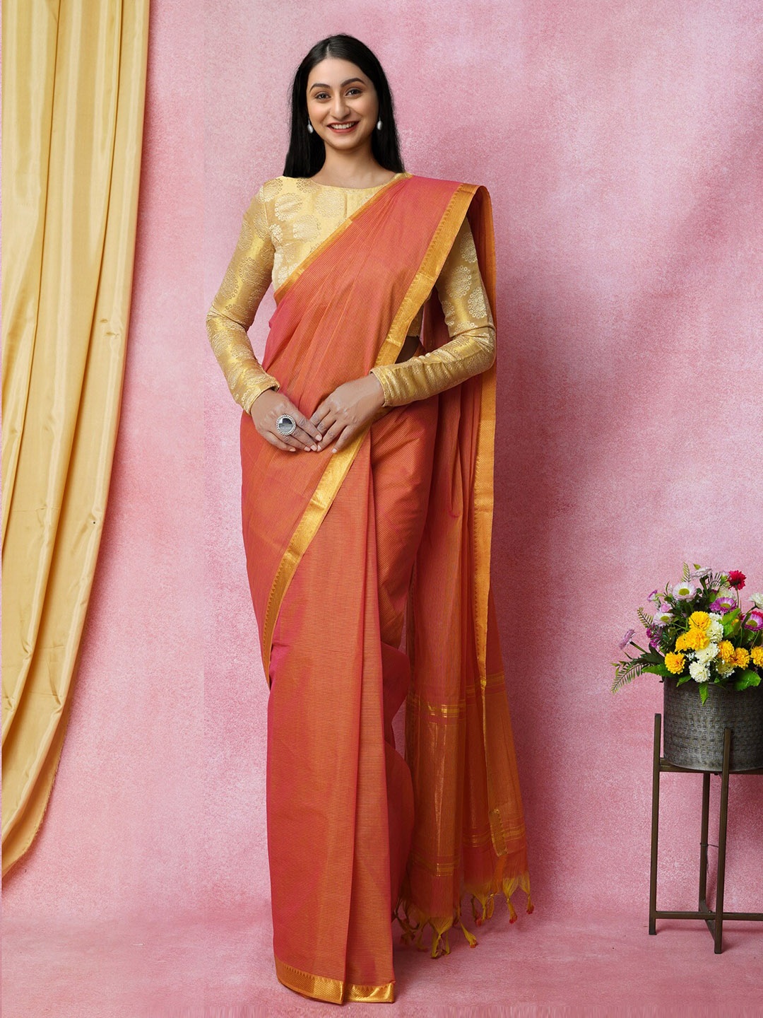 

Unnati Silks Pure Cotton Handloom Mangalagiri Zari Saree, Orange