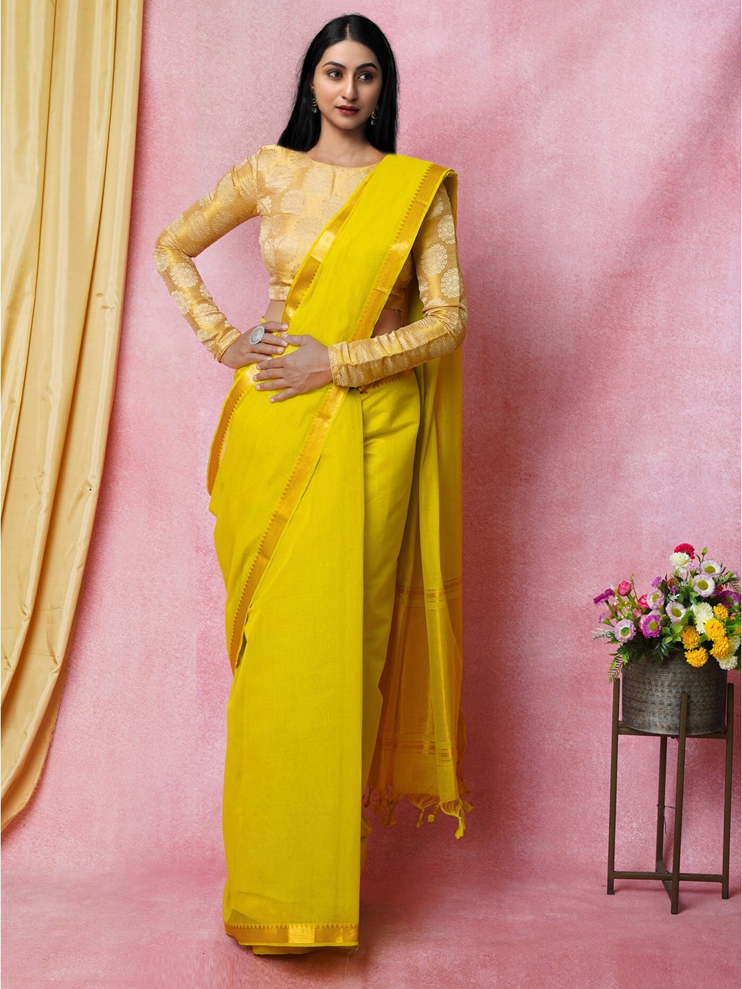 

Unnati Silks Pure Cotton Handloom Mangalagiri Zari Saree, Yellow