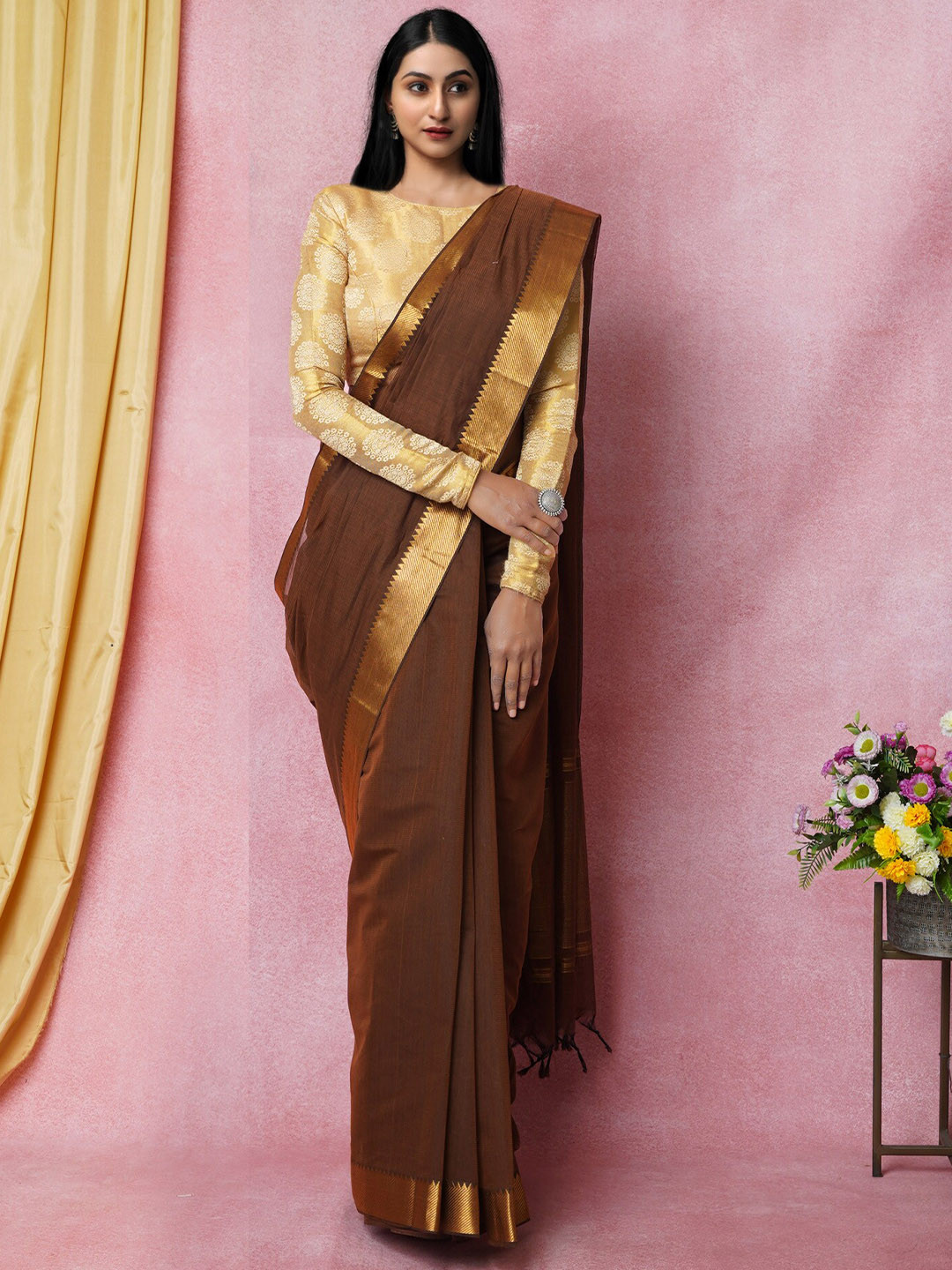 

Unnati Silks Pure Cotton Handloom Mangalagiri Zari Saree, Brown