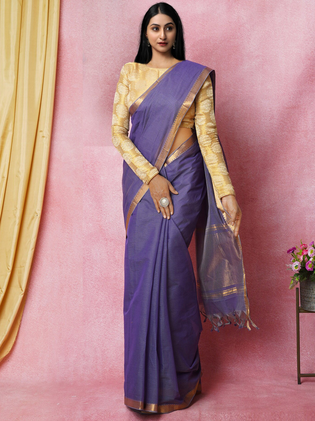 

Unnati Silks Pure Cotton Handloom Mangalagiri Zari Saree, Violet