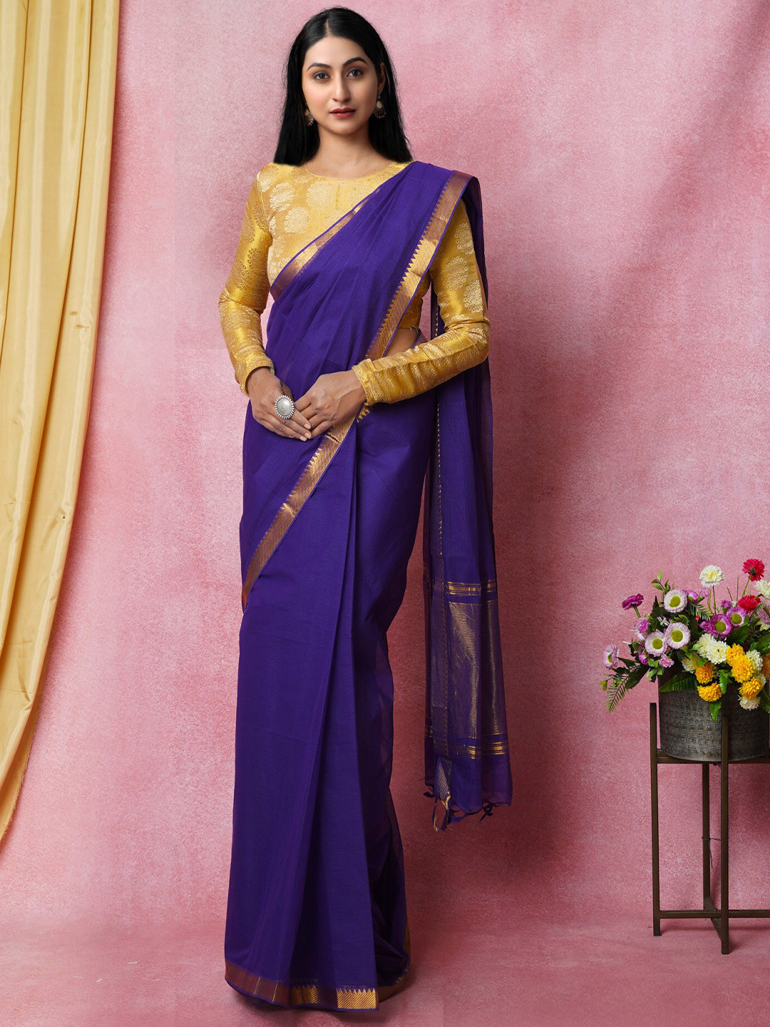 

Unnati Silks Zari Pure Cotton Handloom Mangalagiri Saree, Violet
