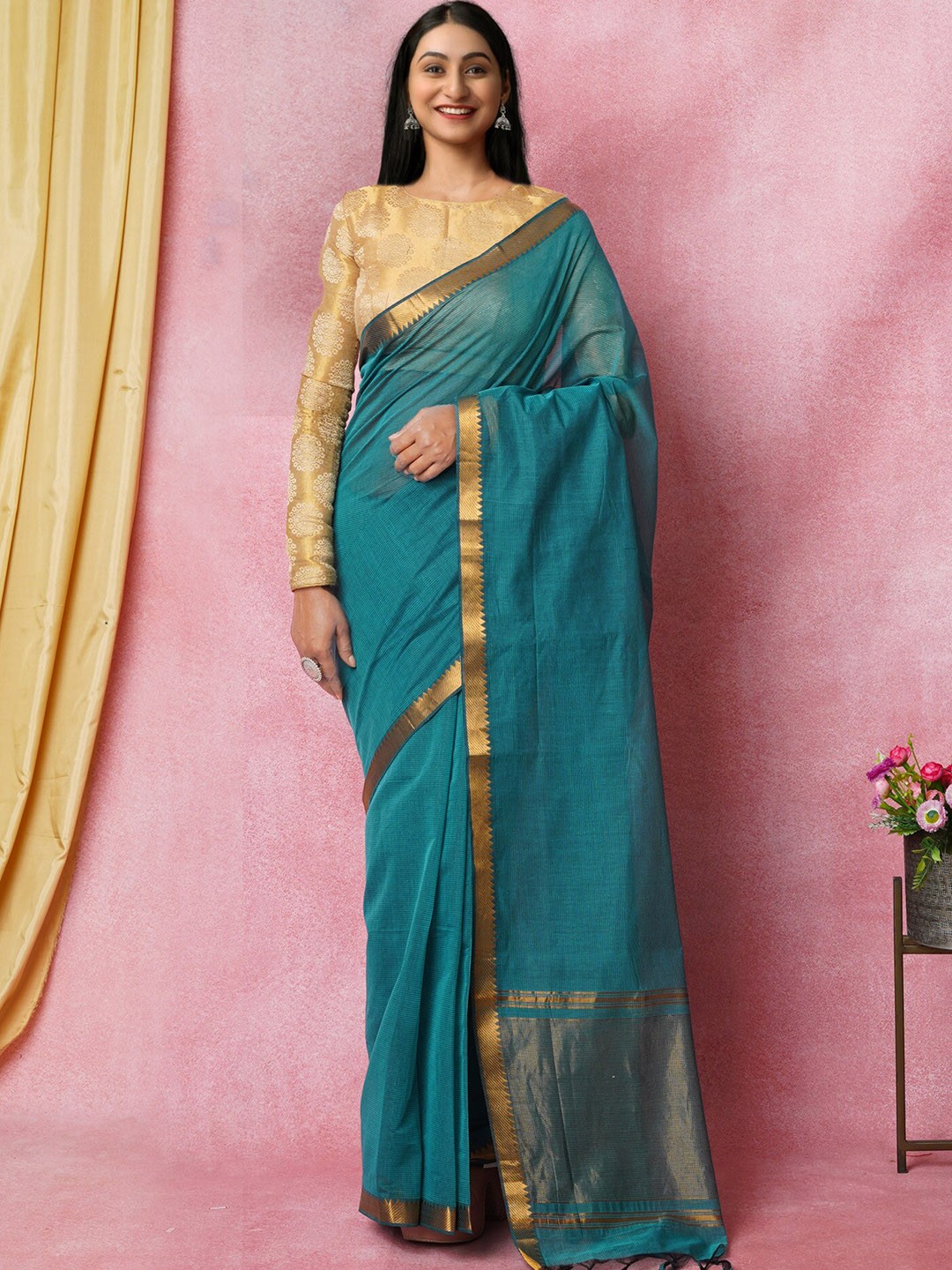 

Unnati Silks Zari Pure Cotton Handloom Mangalagiri Saree, Blue