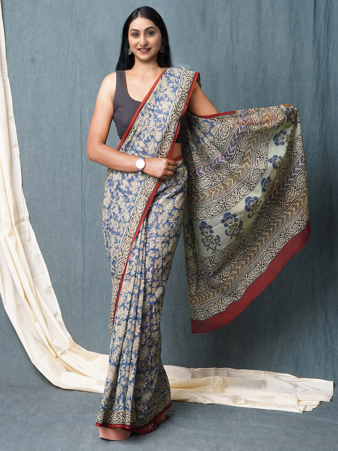 

Unnati Silks Ethnic Motifs Silk Cotton Handloom Kota Saree, Blue