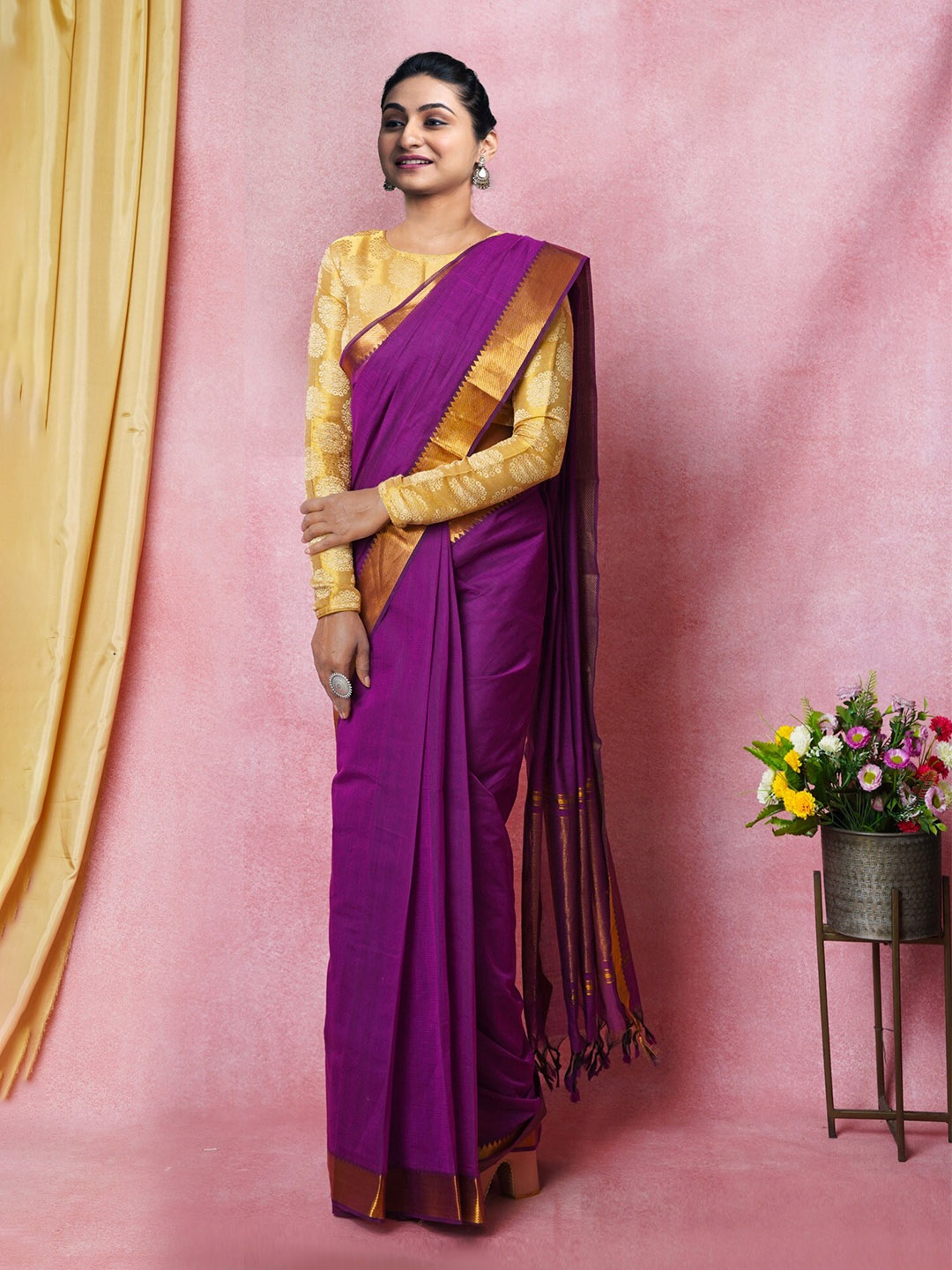 

Unnati Silks Striped Woven Design Zari Pure Cotton Handloom Mangalagiri Saree, Purple