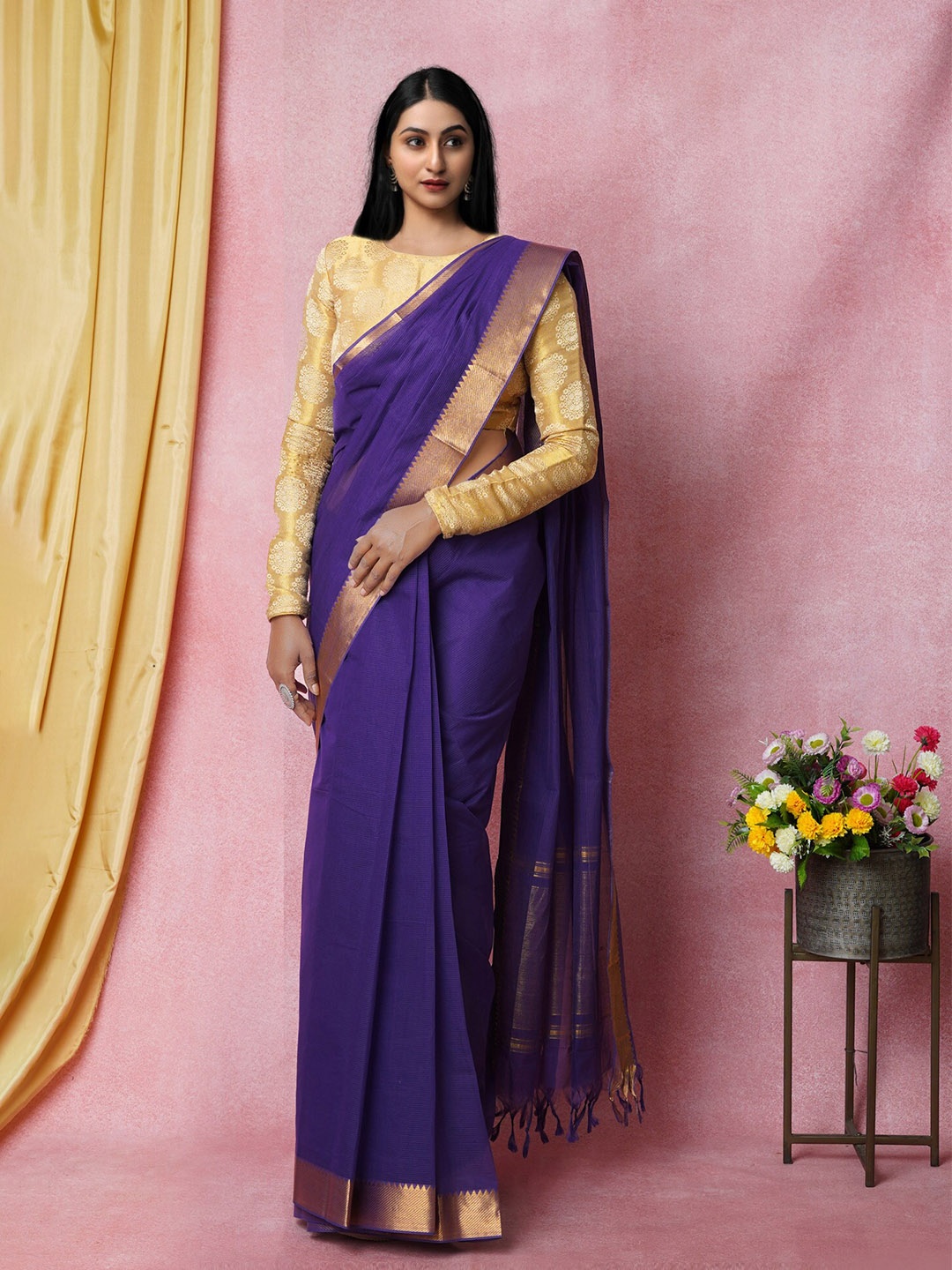 

Unnati Silks Striped Zari Pure Cotton Handloom Mangalagiri Saree, Violet