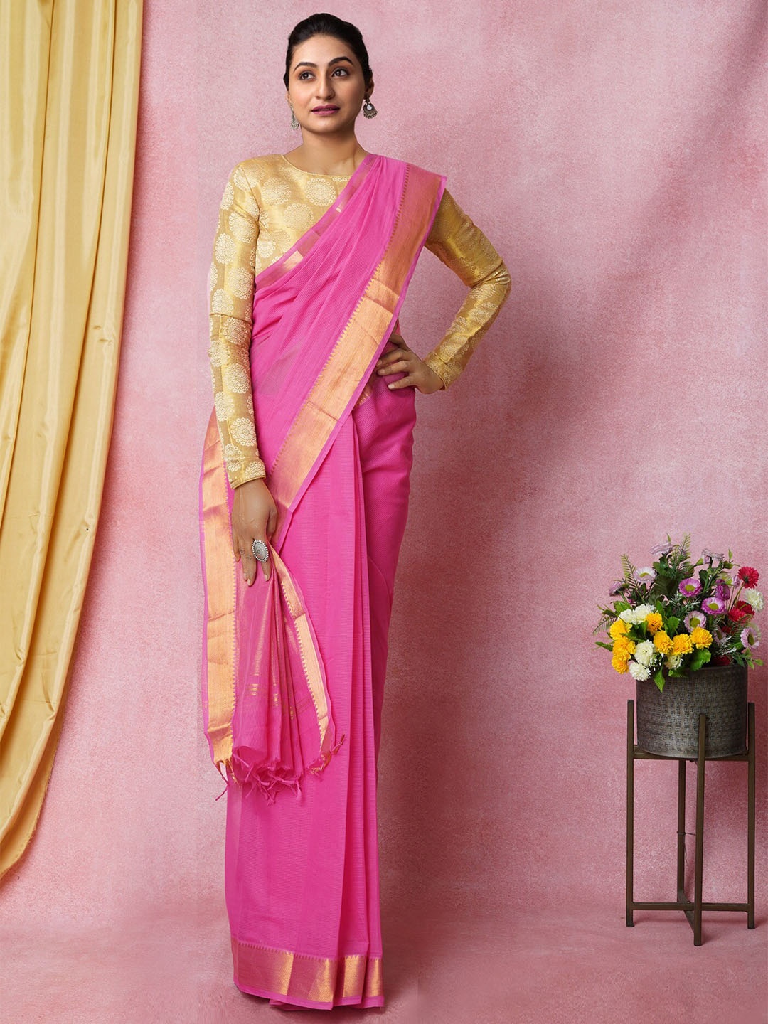 

Unnati Silks Zari Pure Cotton Mangalagiri Saree, Pink