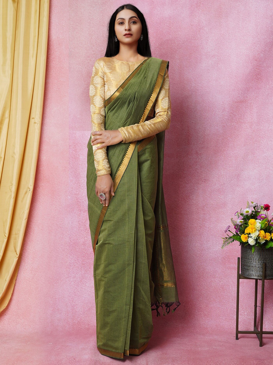 

Unnati Silks Zari Pure Cotton Handloom Mangalagiri Saree, Green