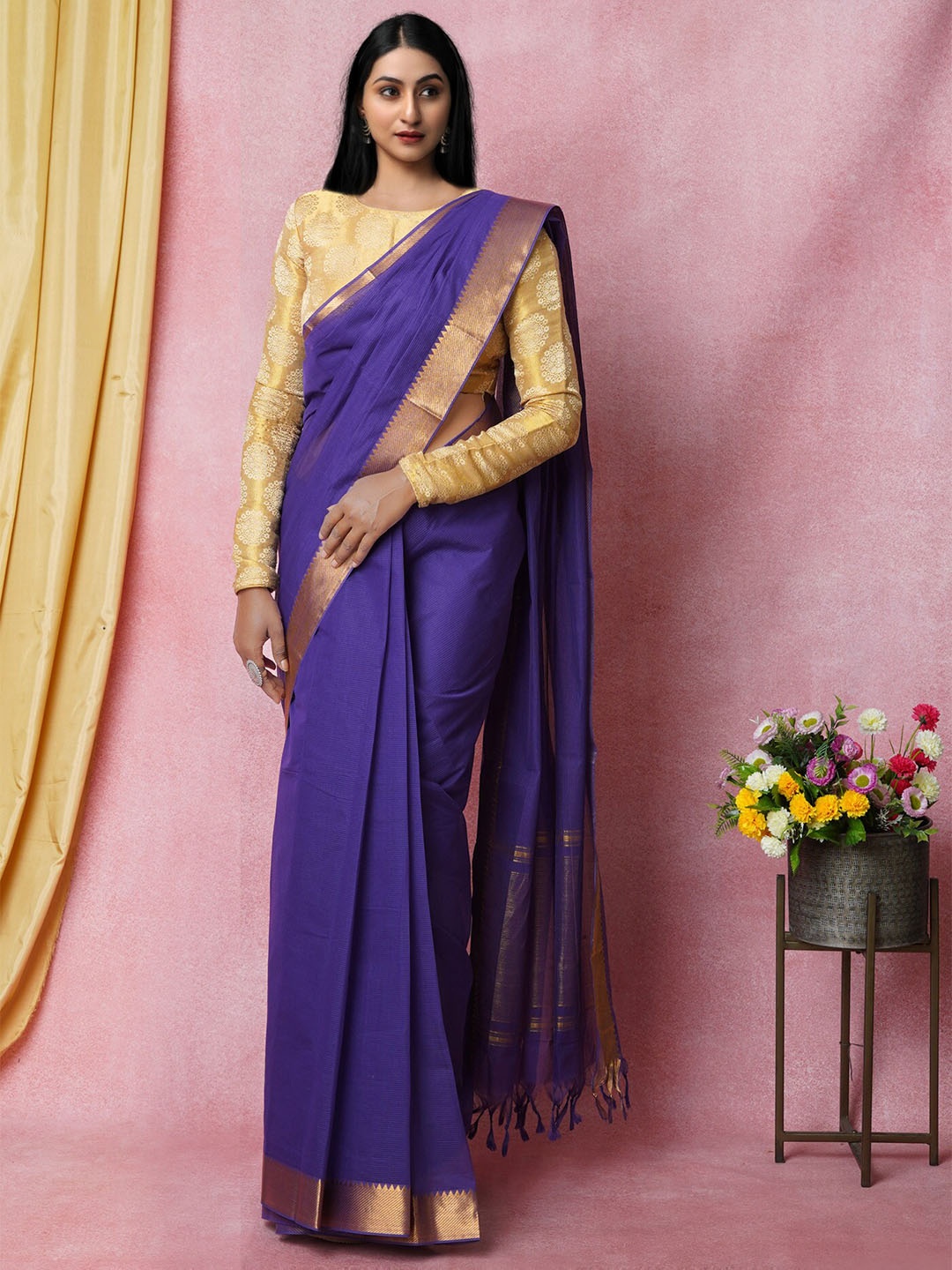 

Unnati Silks Zari Pure Cotton Handloom Mangalagiri Saree, Navy blue