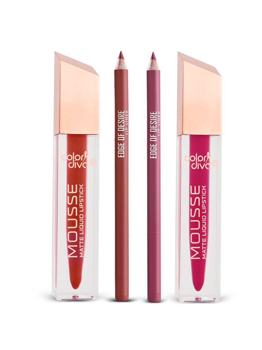 

Adbeni Set Of 4 Color Diva-Edge Of Desire Liquid Lipstick & Lip Liner - LL110-126-LP19-20, Pink