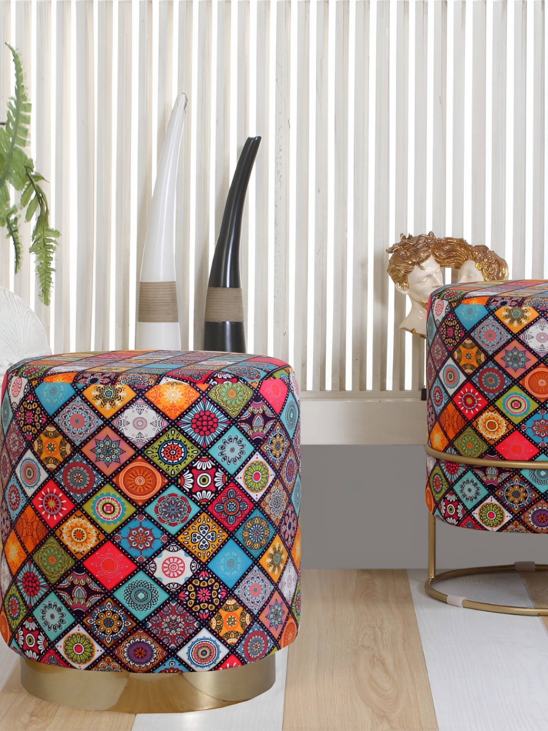 

Shadowkart Red & Blue Floral Printed Wooden Pouffes Sitting Mudda Puffies Ottoman