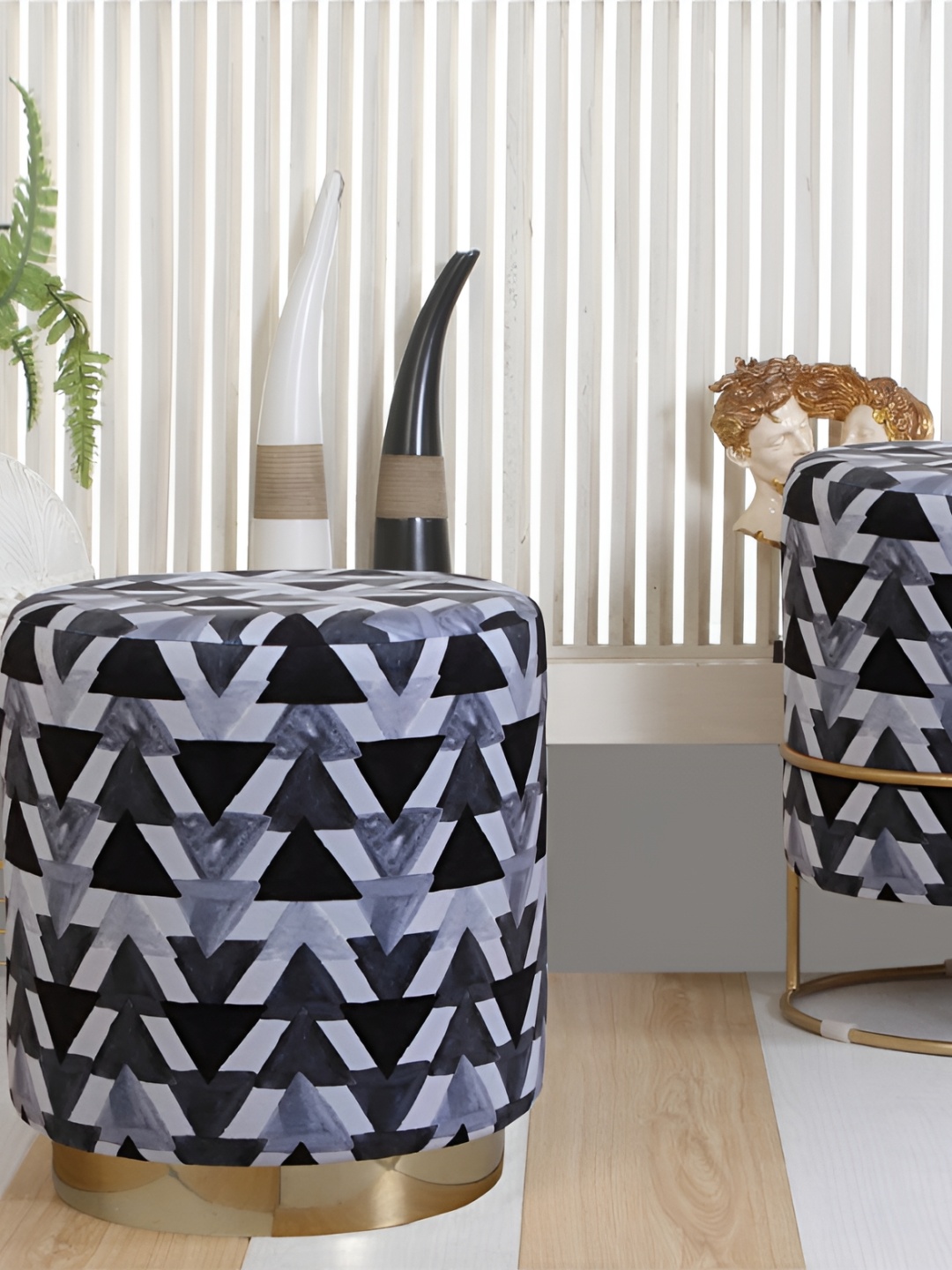 

Shadowkart Black & Grey Geometric Printed Wooden Cylindrical Ottomans