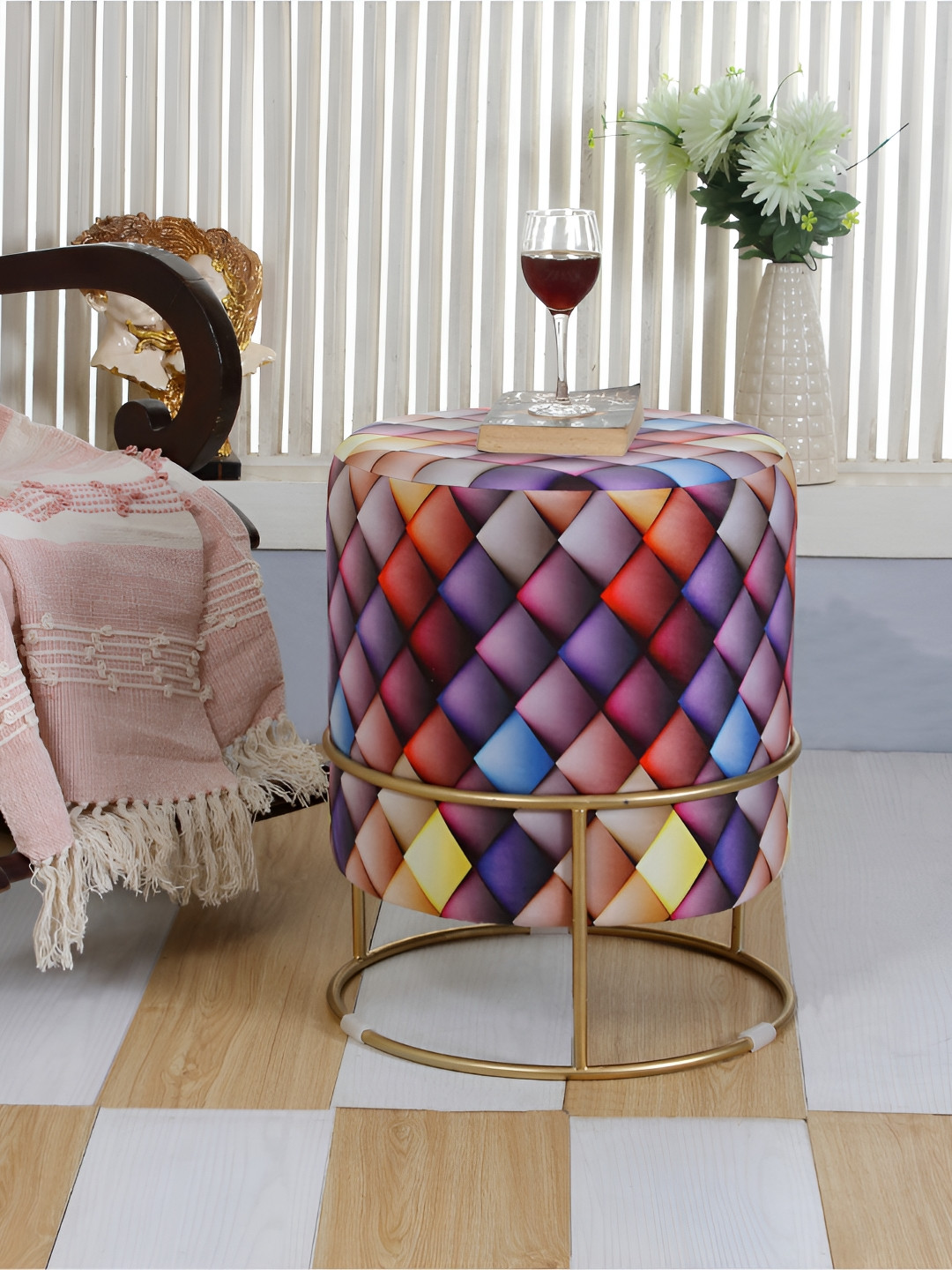 

Shadowkart Blue & Red Checked Round Wooden Ottoman