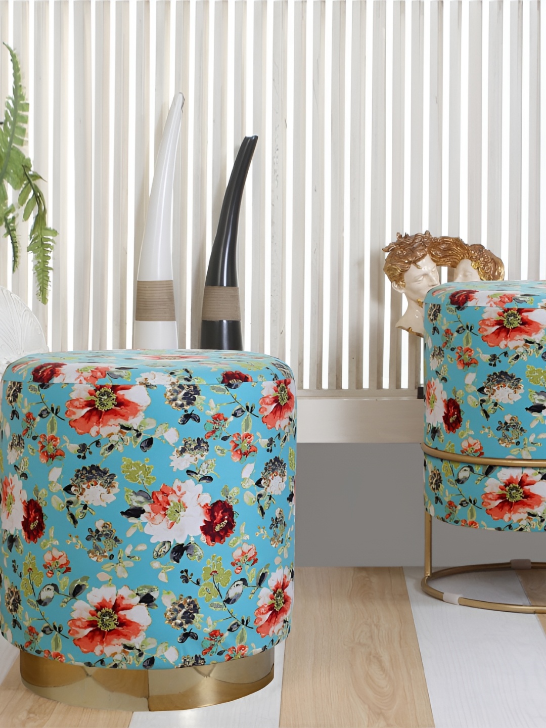 

Shadowkart Blue & pink Floral Printed Wooden Pouffes Sitting Mudda Ottomans