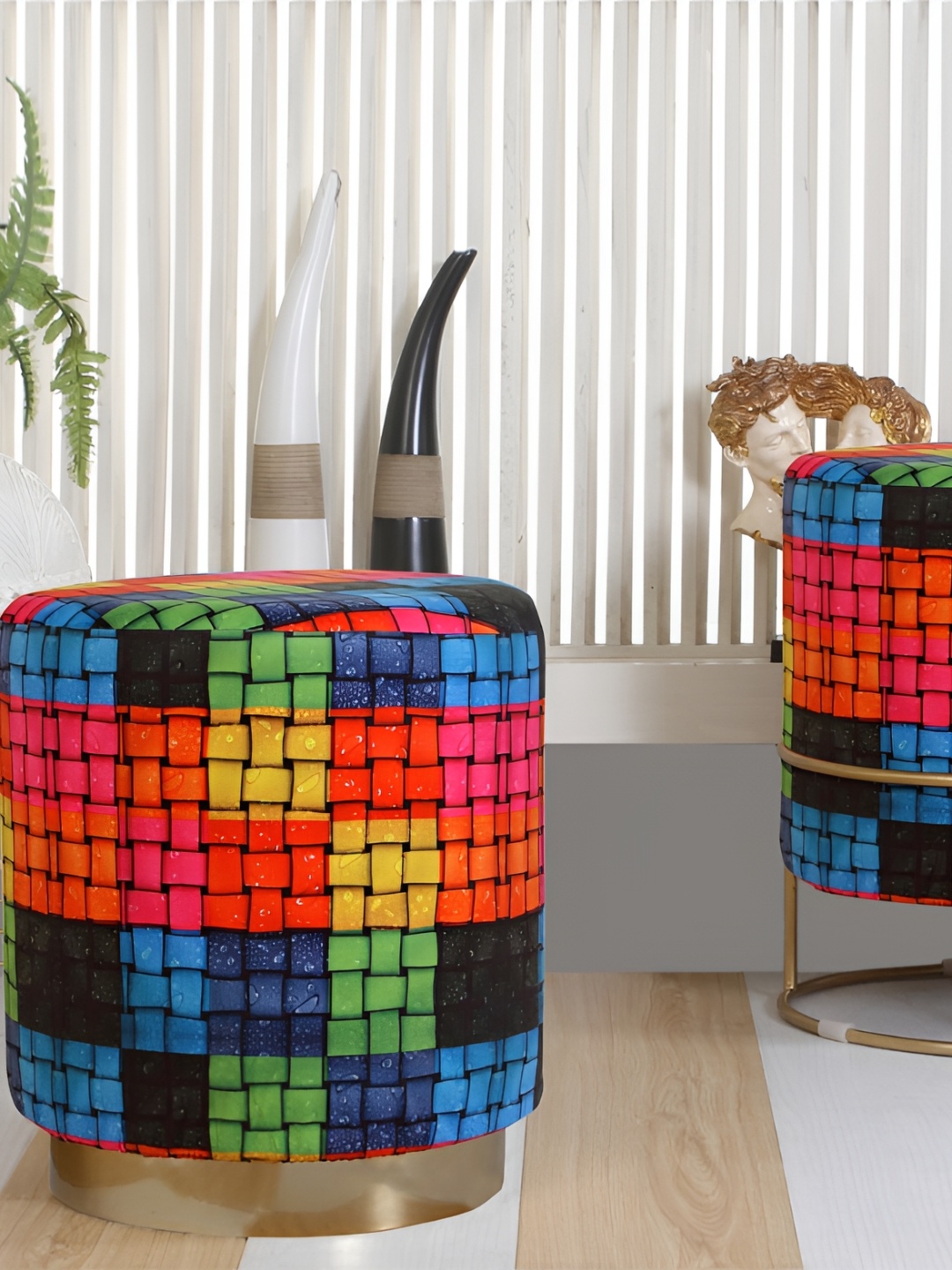 

Shadowkart Red & Blue Checked Wooden Pouffes Sitting Mudda Ottomans