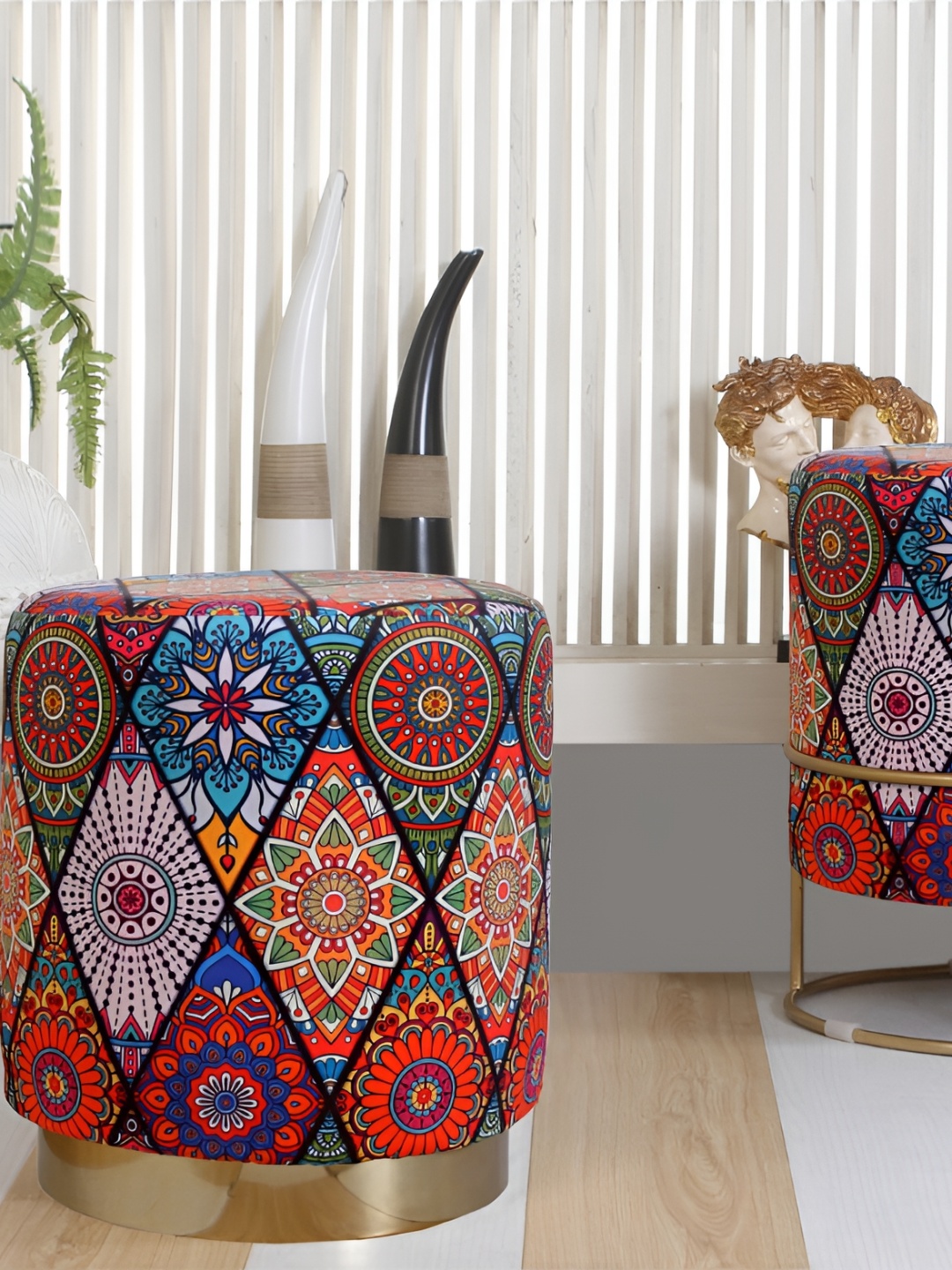 

Shadowkart Red & Blue Floral Printed wooden Pouffes Sitting Mudda Puffies Ottomans