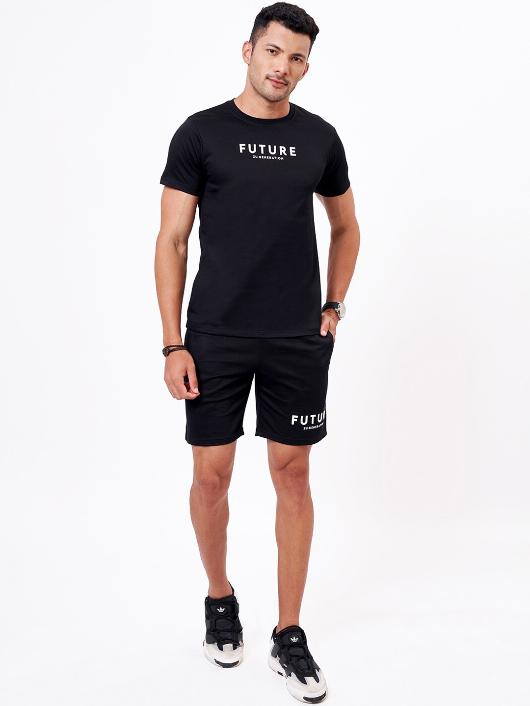 

ZU Printed Pure Cotton T-shirt With Shorts, Black