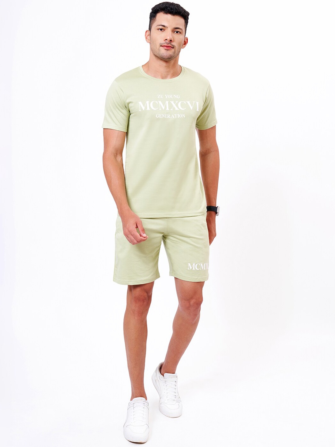 

ZU Printed Pure Cotton T-Shit with Shorts, Green