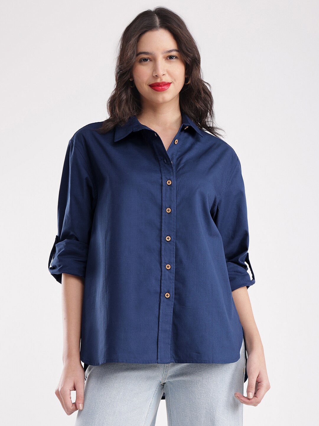 

FableStreet Women Opaque Formal Shirt, Navy blue