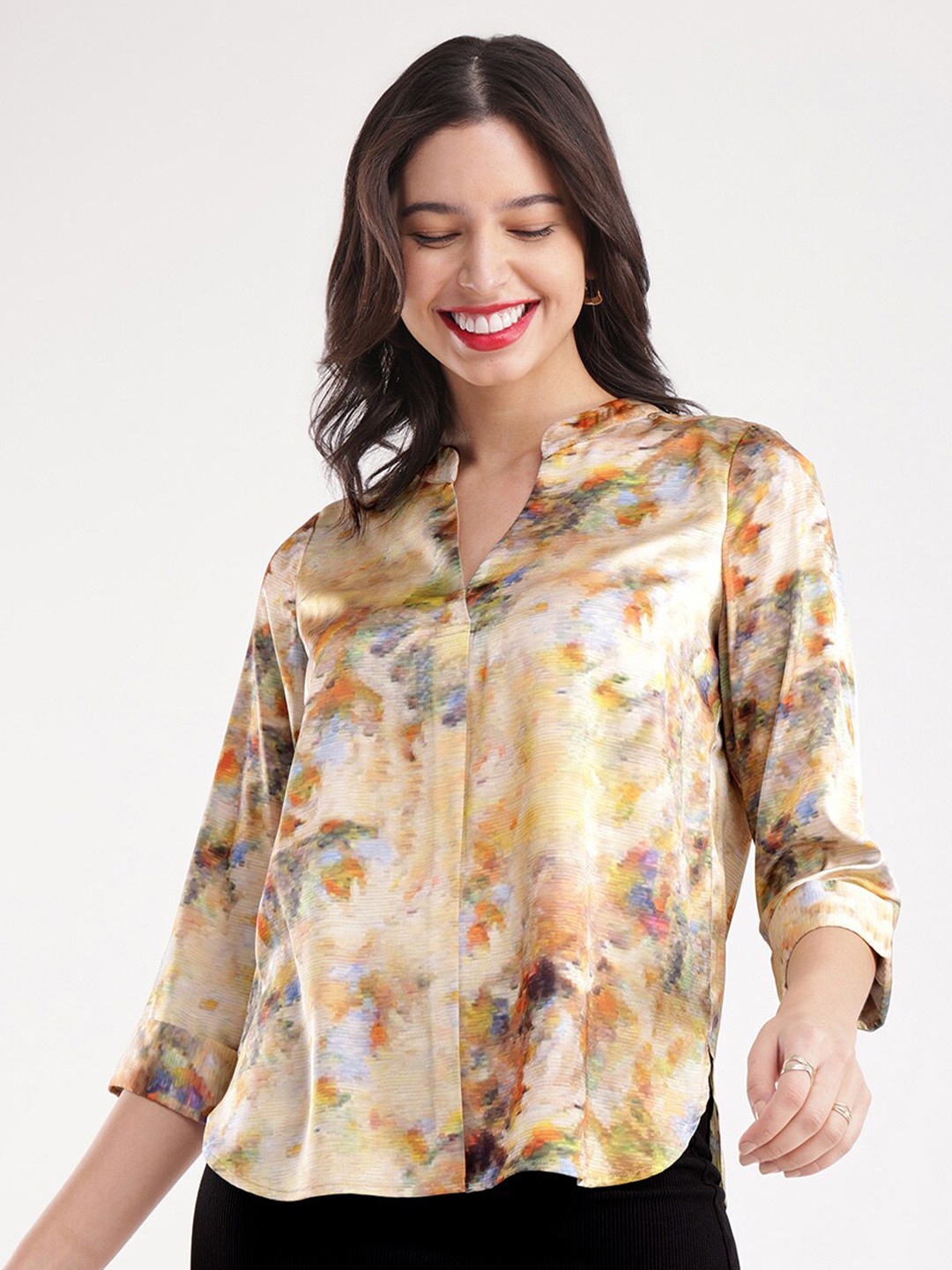 

FableStreet Floral Print Mandarin Collar Satin Shirt Style Top, Beige