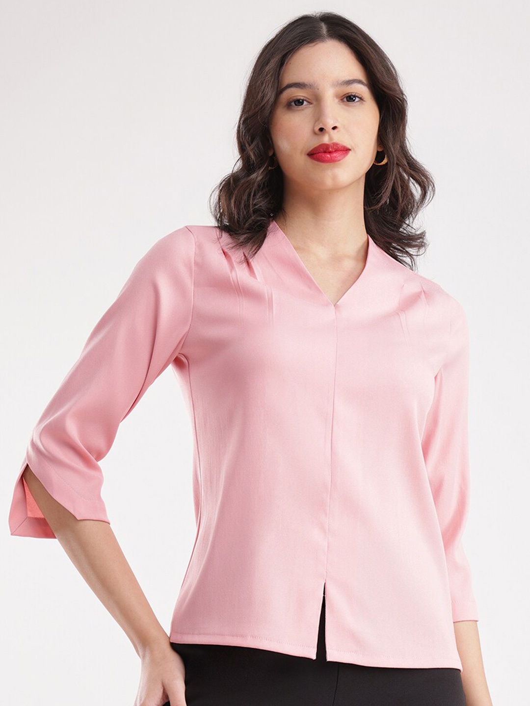 

FableStreet Roll-Up Sleeves Shirt Style Top, Pink