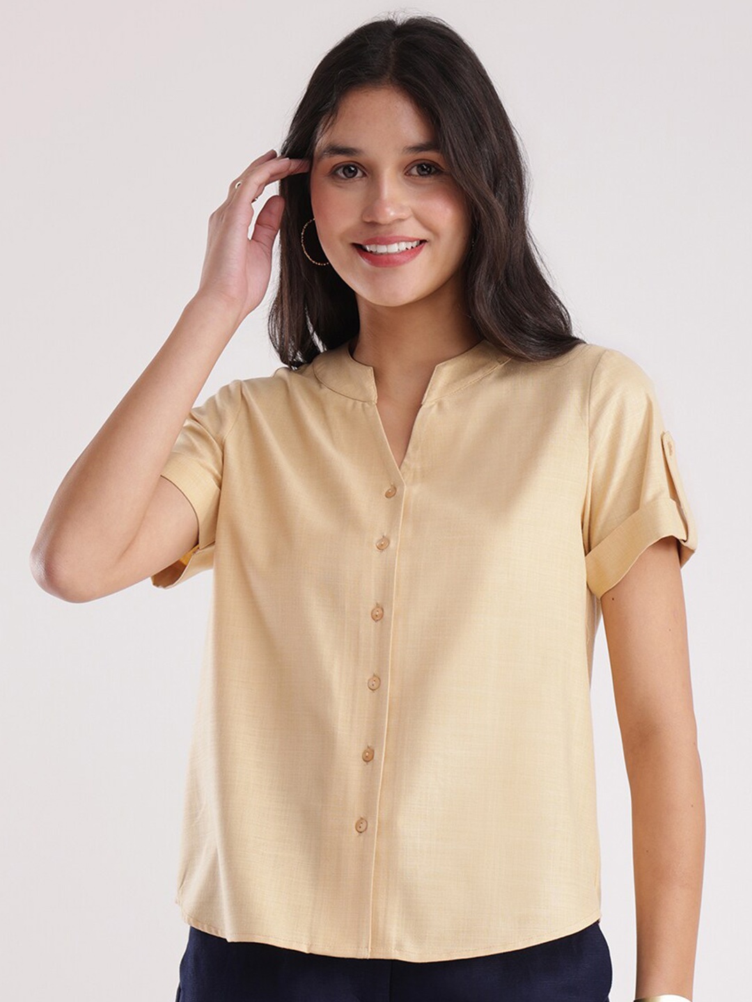

FableStreet Mandarin Collar Shirt Style Top, Yellow