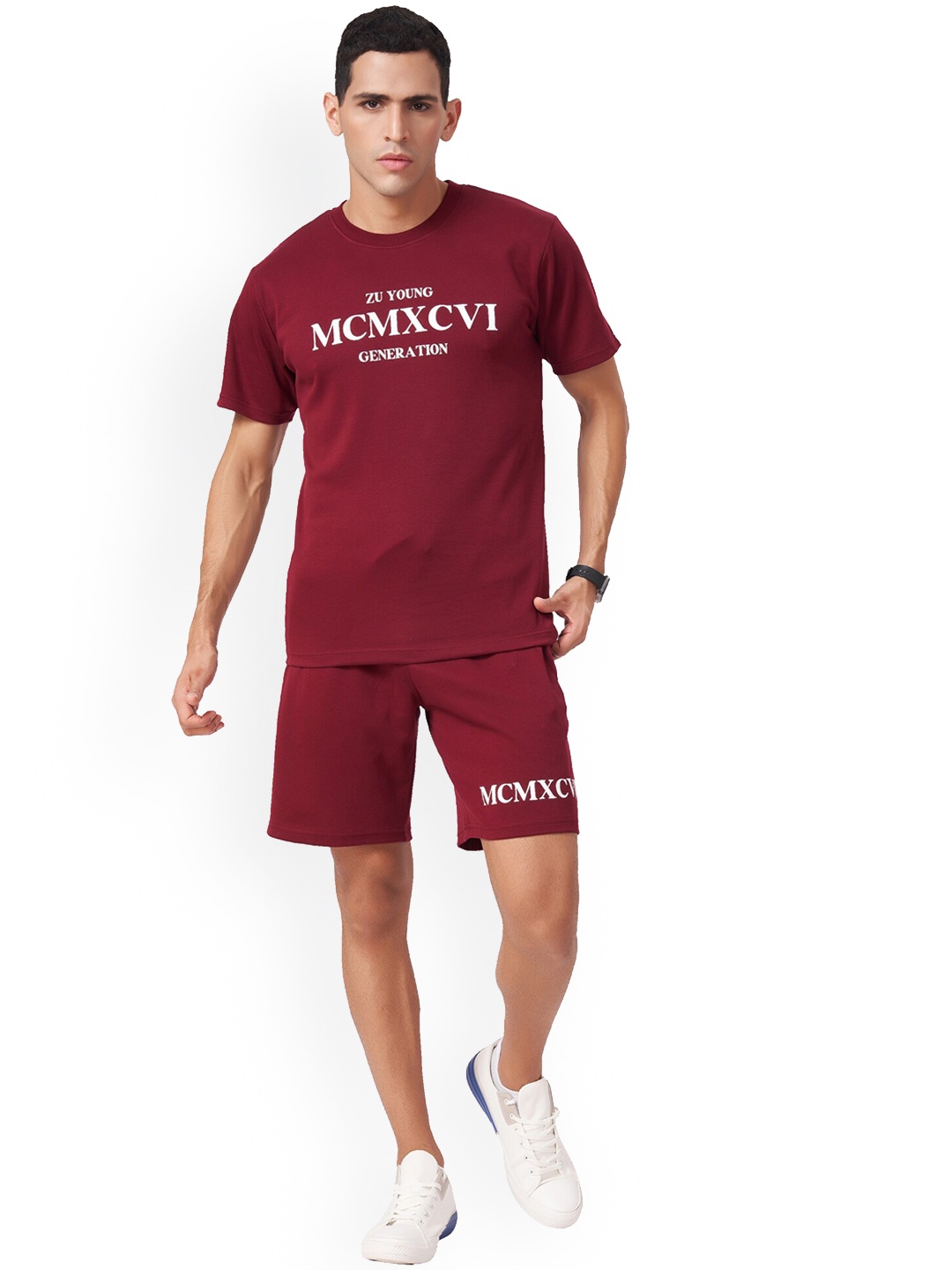 

ZU Printed Pure Cotton T-Shit with Shorts, Maroon