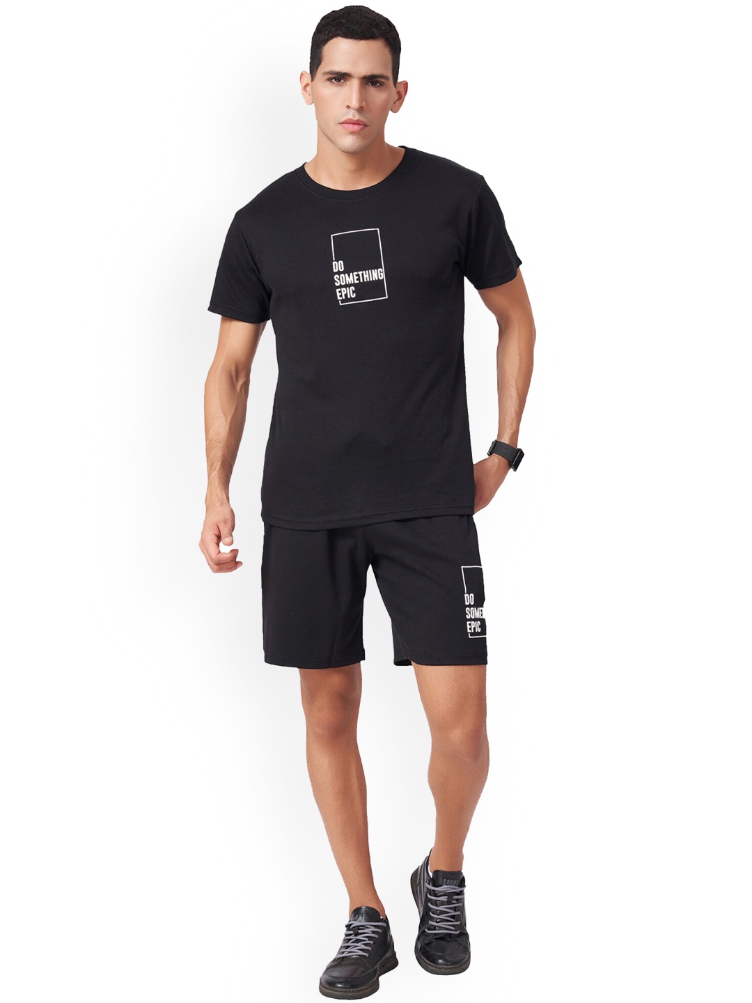

ZU Printed Pure Cotton T-Shit with Shorts, Black