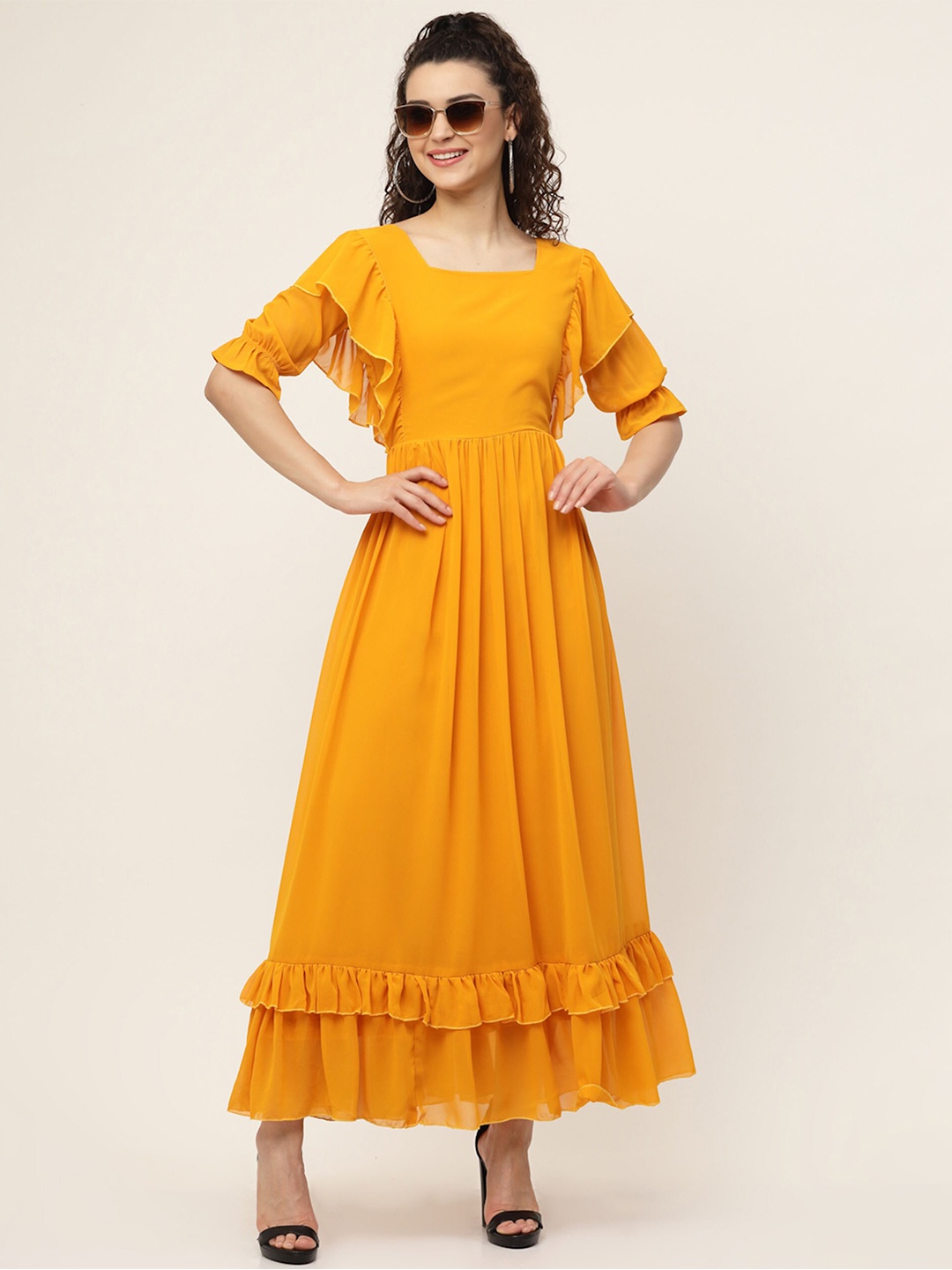 

MISS AYSE Women Puff Sleeves Georgette Maxi Dress, Yellow
