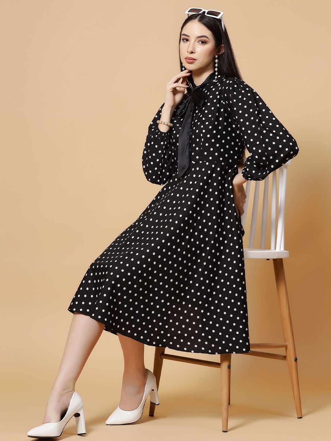 

MISS AYSE Polka Dot Print Georgette Fit & Flare Dress, Black