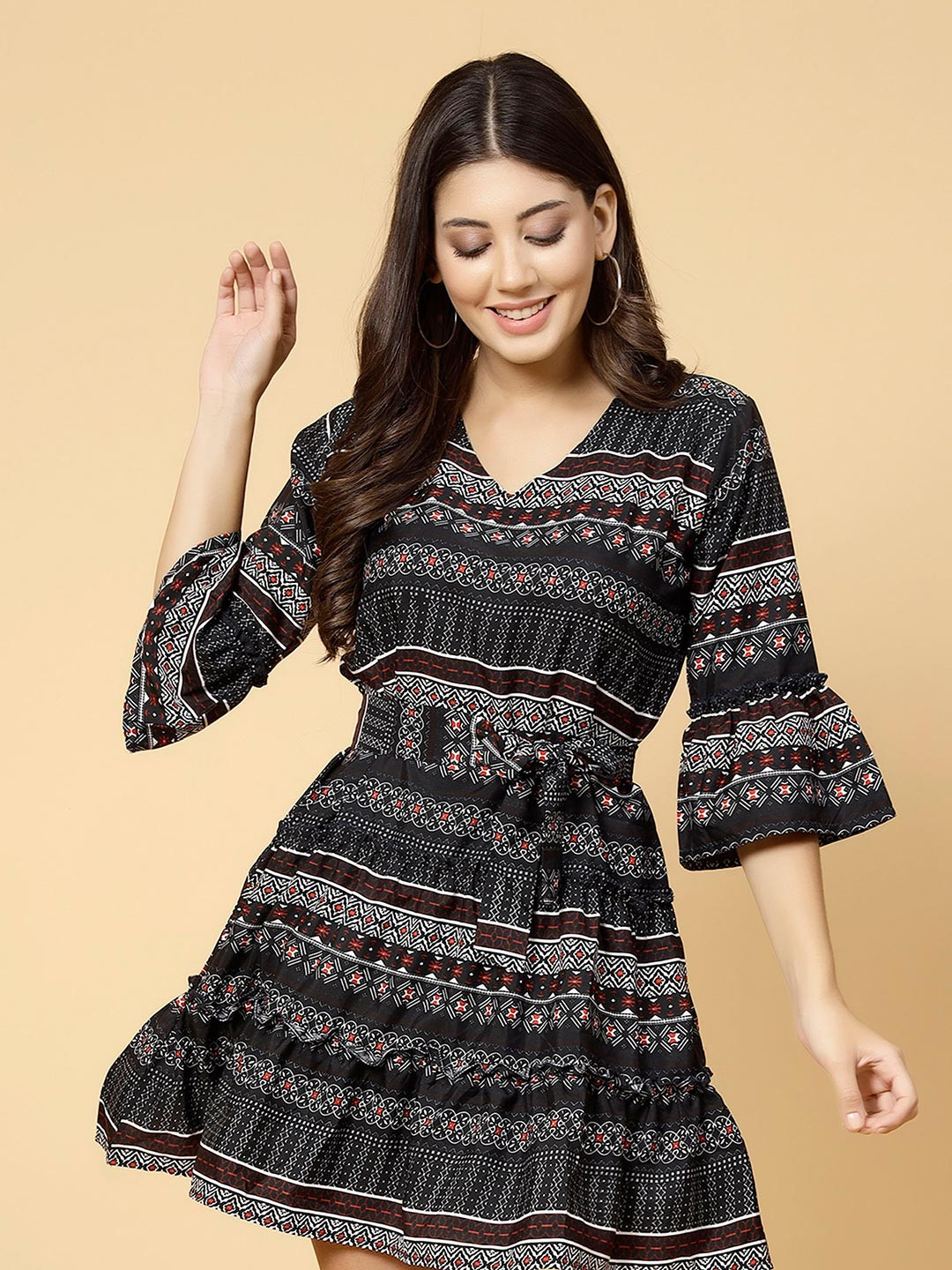 

MISS AYSE Ethnic Motifs Print Bell Sleeve Georgette Fit & Flare Dress, Multi